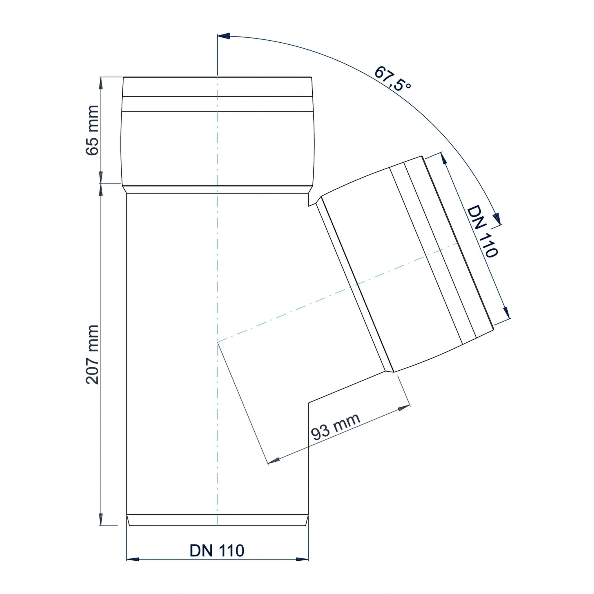 Technische Zeichnung einer DN 110 Rohrfitting im Winkel von 67,5°, mit beschrifteten Abmessungen 207 mm, 65 mm und 93 mm.