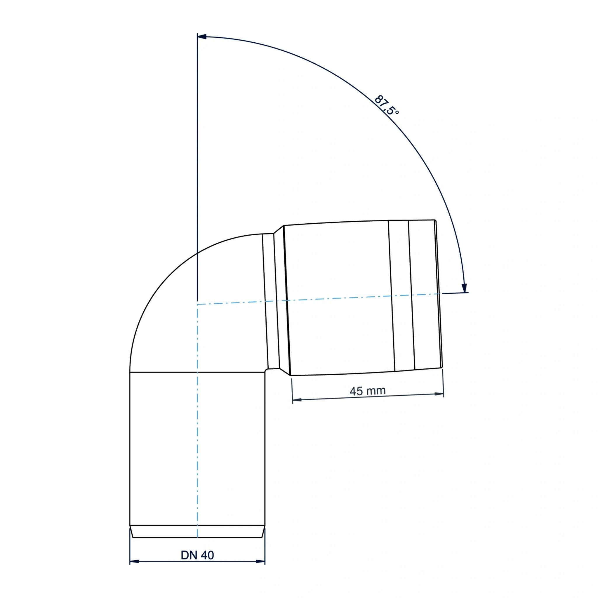 Technische Zeichnung eines 90-Grad-Rohrkrümmers, gekennzeichnet DN 40, mit einem 45 mm horizontalen Abschnitt und einer Biegungsmessung von 87,5°.