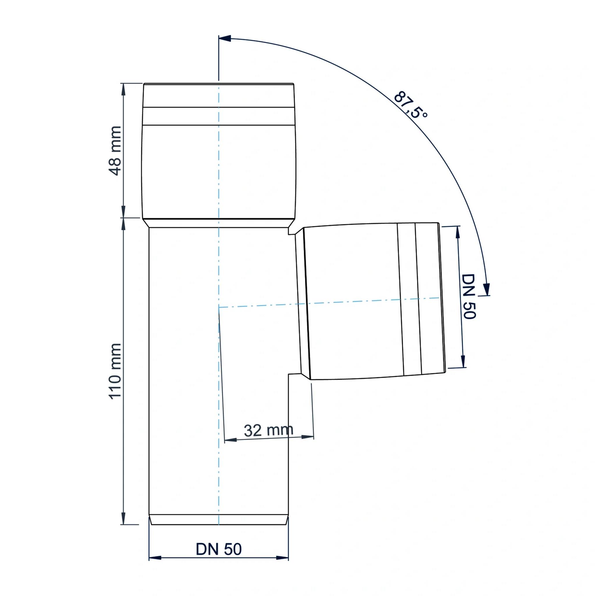 Technisches Rohrverschraubungsdiagramm eines DN-50-T-Stücks mit 87,5° geneigtem Abzweig, Hauptkörper und Abmessungen 48 mm, 110 mm und 32 mm.