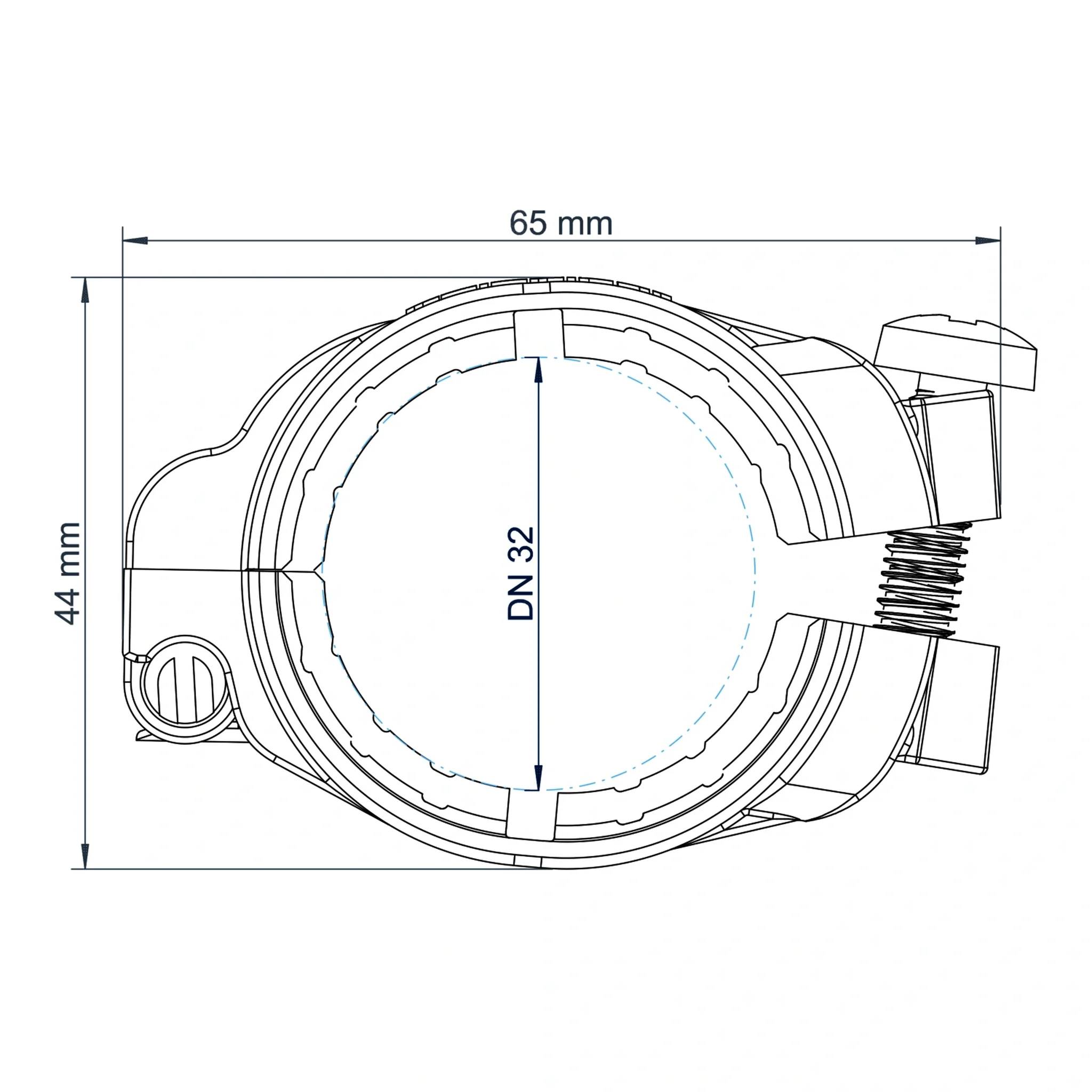 Technische Zeichnung einer kreisförmigen Spannbefestigung mit Bezeichnung DN 32, mit Abmessungen von 65 mm Breite und 44 mm Höhe.