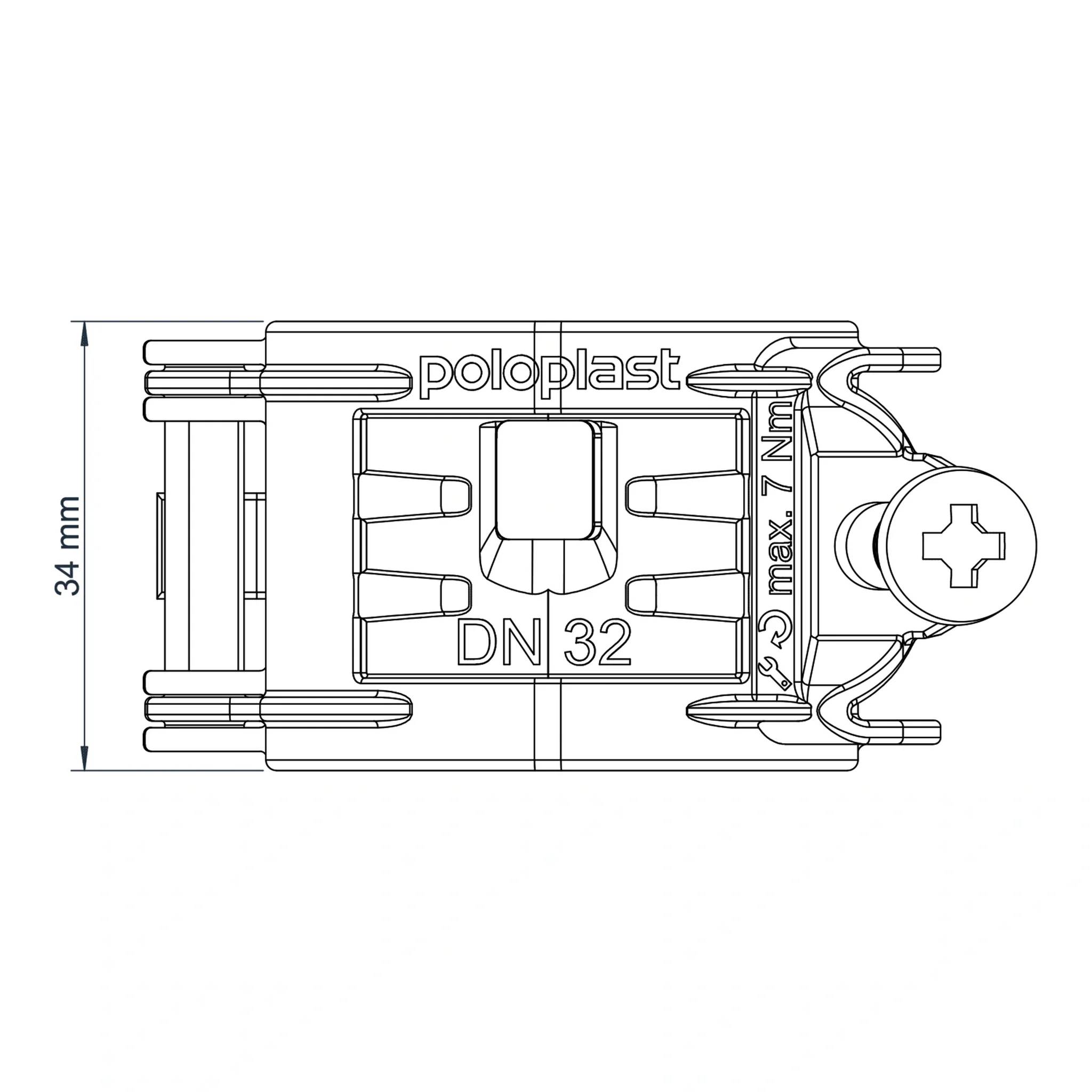Technische Linienzeichnung einer Poloplast DN 32 Rohrschelle, mit 34 mm Breite und max. 7 mm Verstellung.