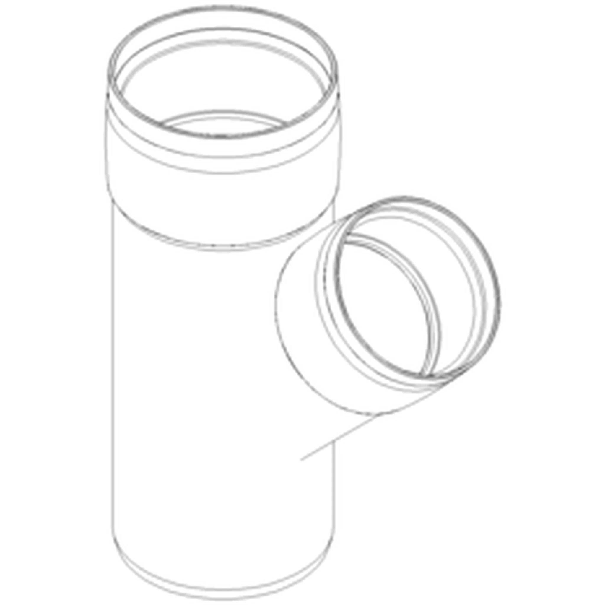 Diagramm einer Kunststoffrohrverbindung: Ein vertikales Hauptrohr mit einem schräg angebrachten Seitenzweig, der offene kreisförmige Enden und Ringdetails zeigt.