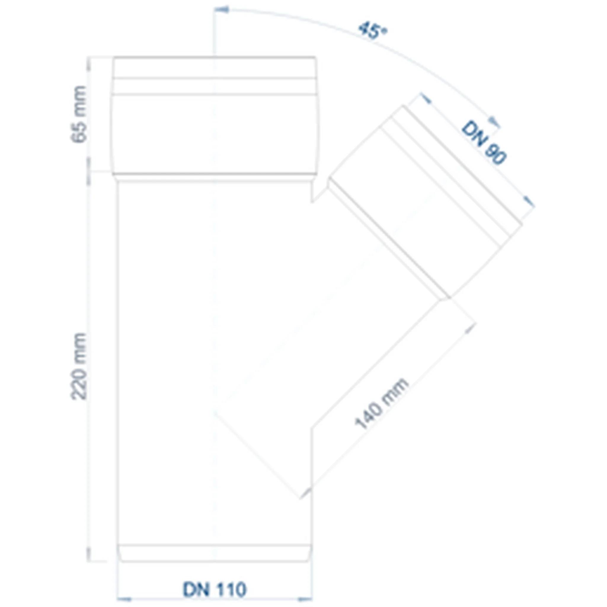 Technisches Diagramm eines Y-förmigen Rohrverschlusses mit 45°-Verzweigungswinkel, DN 110 Hauptrohr, DN 80 Verzweigung und Abmessungen von 220 mm, 140 mm und 65 mm.