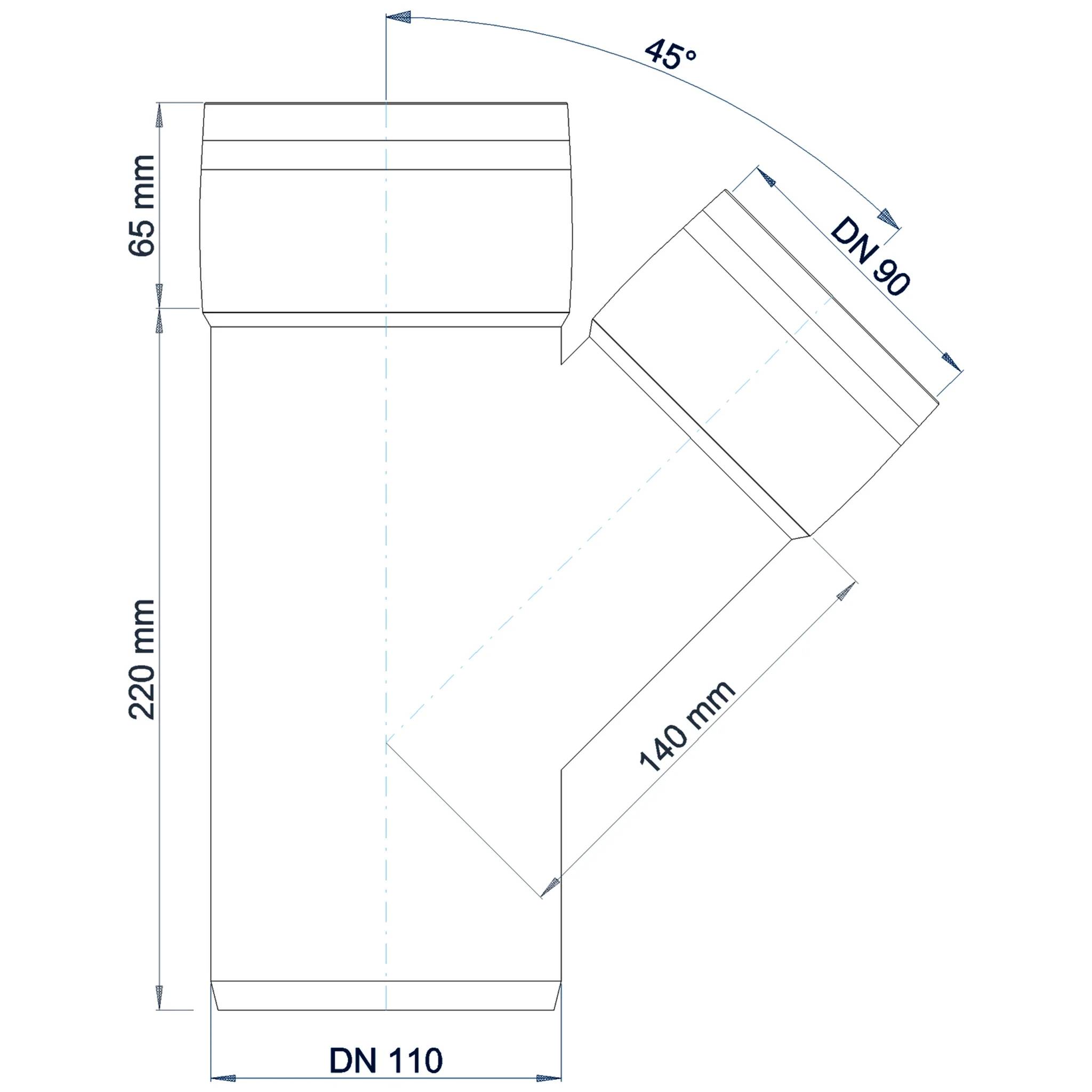 Technische Zeichnung einer Y-förmigen Rohrbeschlagarmaturfitting mit 45° Abzweigung, gekennzeichnet mit DN 110 und DN 90, mit Abmessungen von 220 mm, 65 mm und 140 mm.
