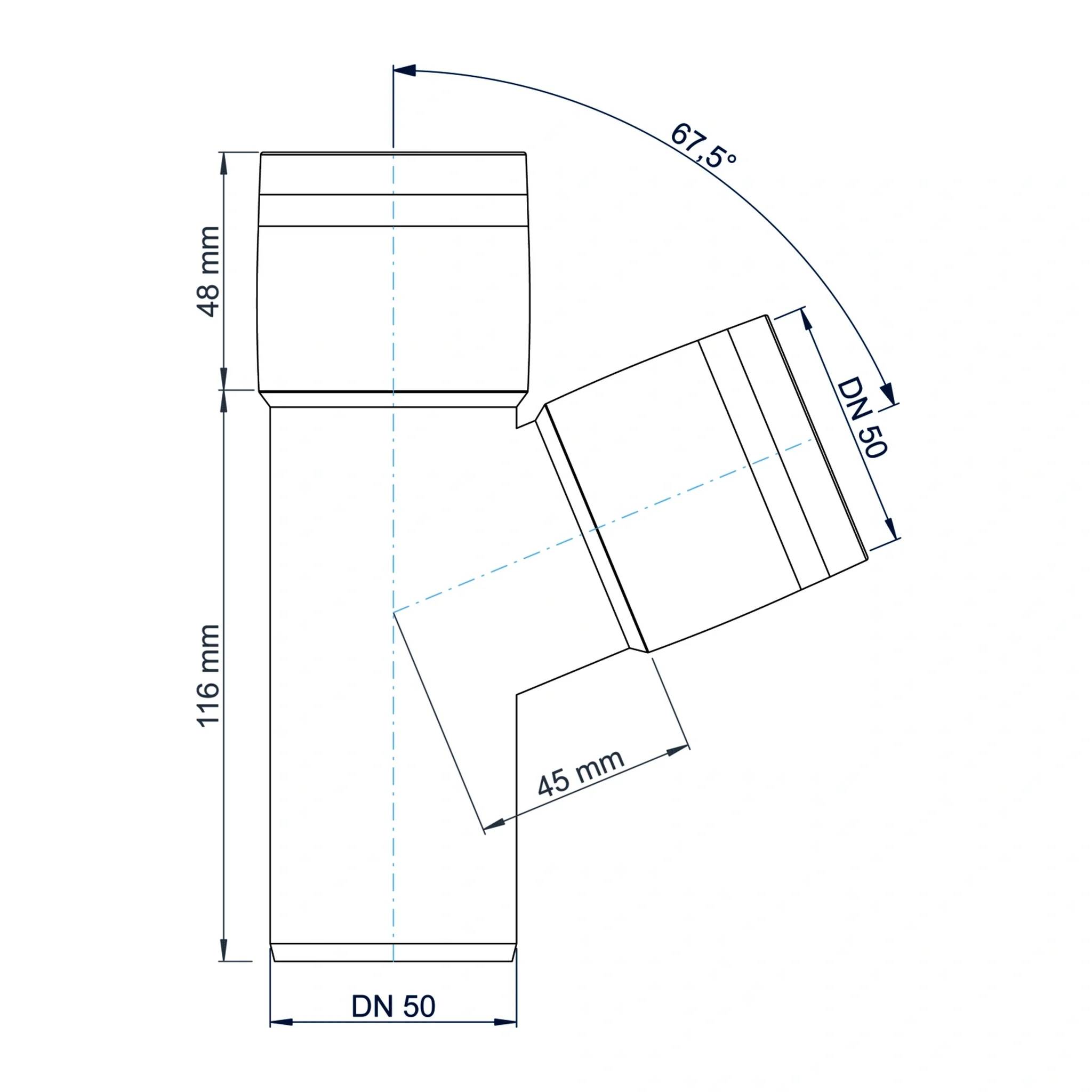 Technische Zeichnung eines DN 50 Rohrverschraubung/T-Stück mit einem abgewinkeltem Abzweig von 67,5°, die wichtige Abmessungen von 116 mm, 48 mm und 45 mm zeigt.