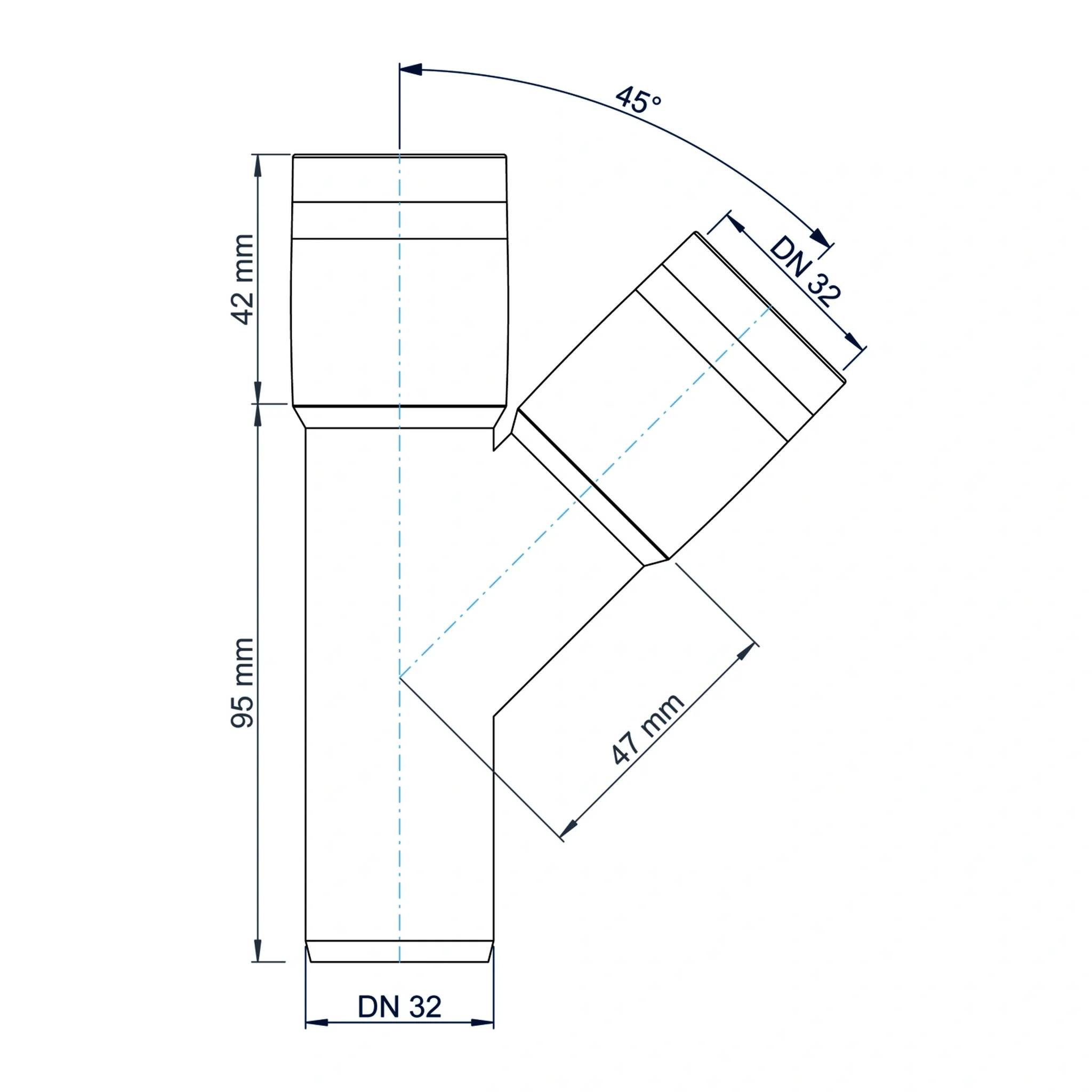 Technische Zeichnung einer DN 32 Rohrverschraubung mit 45° abgewinkeltem Abzweig, beschriftet mit 95 mm Gesamthöhe, 42 mm oberer Abschnitt und 47 mm Abzweiglänge.