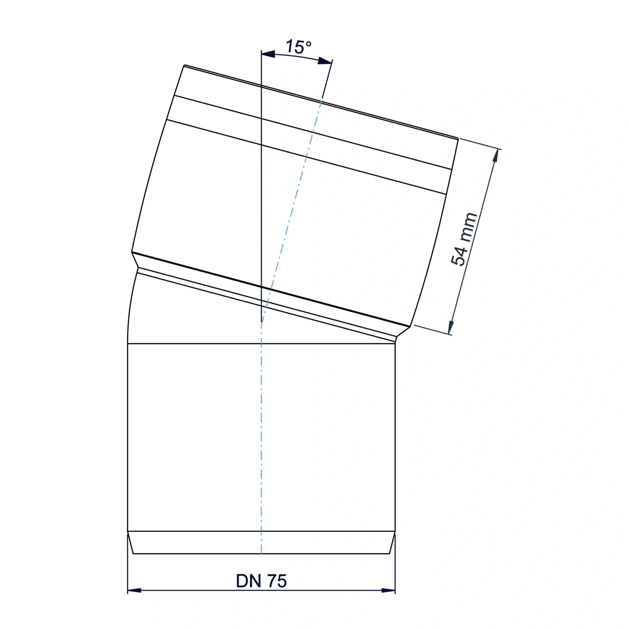 Technisches Schaubild einer Rohrbogenfitting-Krümmung mit einem oben angewinkelten Abschnitt von 15°, einer Höhe von 54 mm und einer Breite von DN 75.