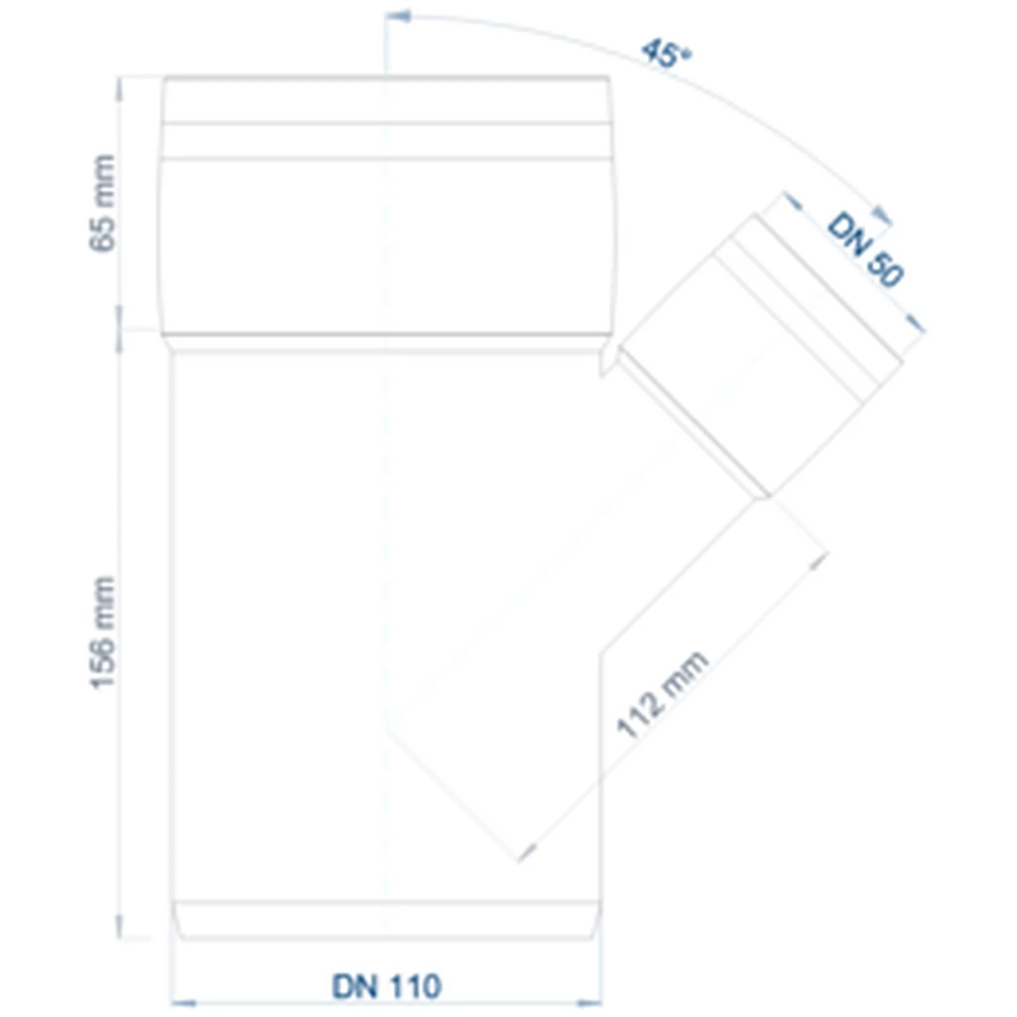 Technisches Diagramm einer Rohrarmatur mit 45°-Winkelverzweigung, gekennzeichnet mit DN 110 und DN 50, mit den Abmessungen 65 mm, 156 mm und 112 mm.