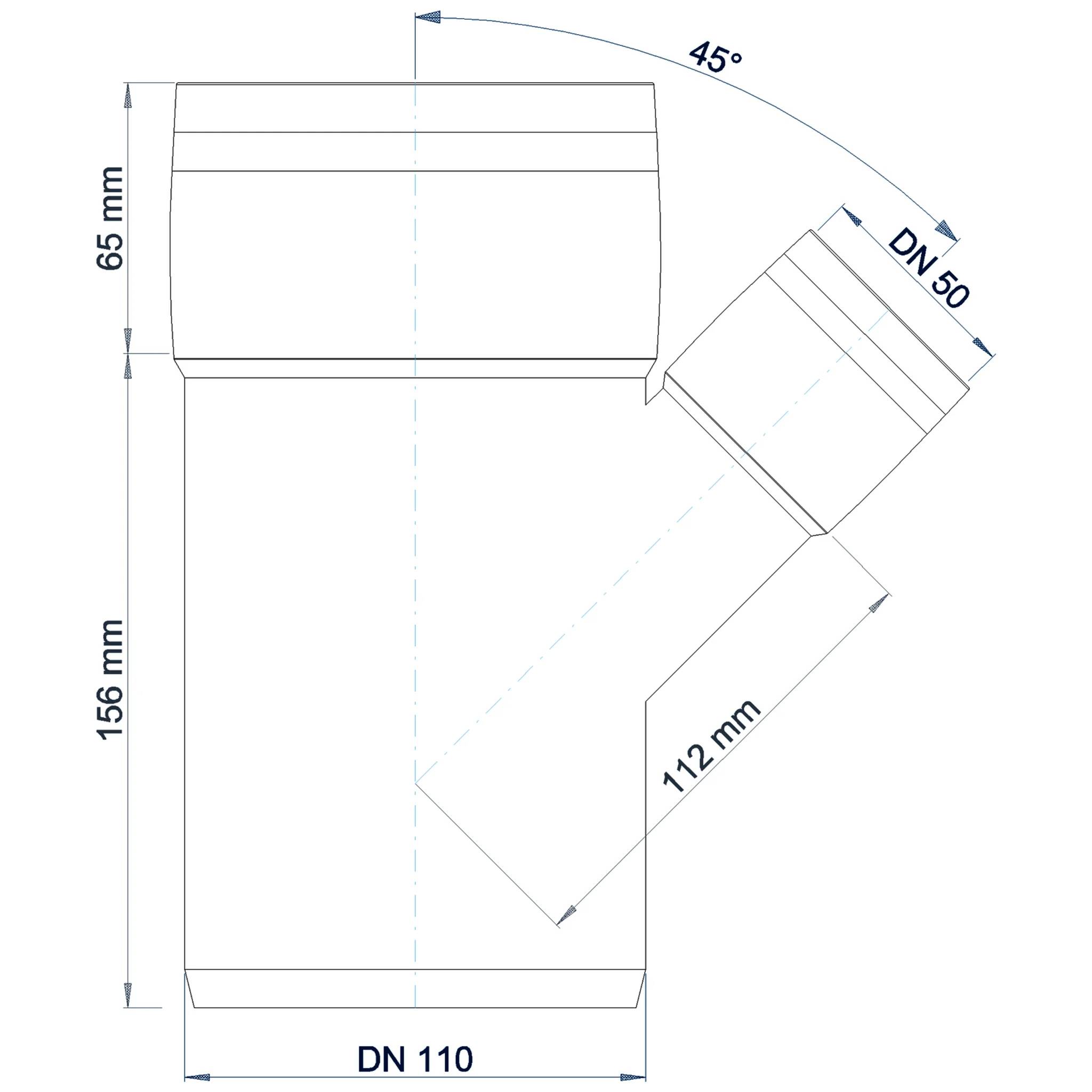 Technisches Schaubild einer DN 110-Rohrarmatur mit einem 45°-gewinklten DN 50-Abzweig, mit den wichtigsten Abmessungen 156 mm, 65 mm und 112 mm.