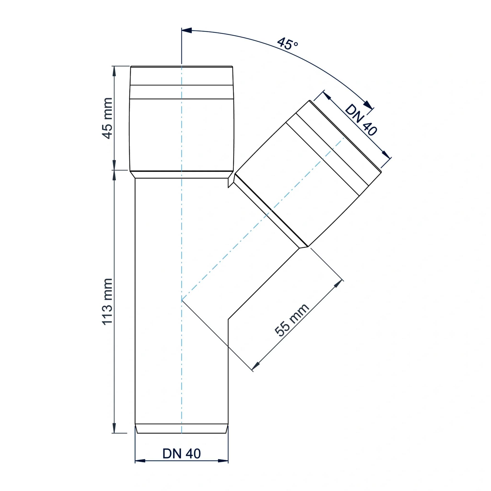 Technische Zeichnung einer DN 40 Rohrverschraubung mit 45° geneigtem Abzweig, die eine Hauptlänge von 113 mm, einen oberen Abschnitt von 45 mm und eine Abzweiglänge von 55 mm zeigt.