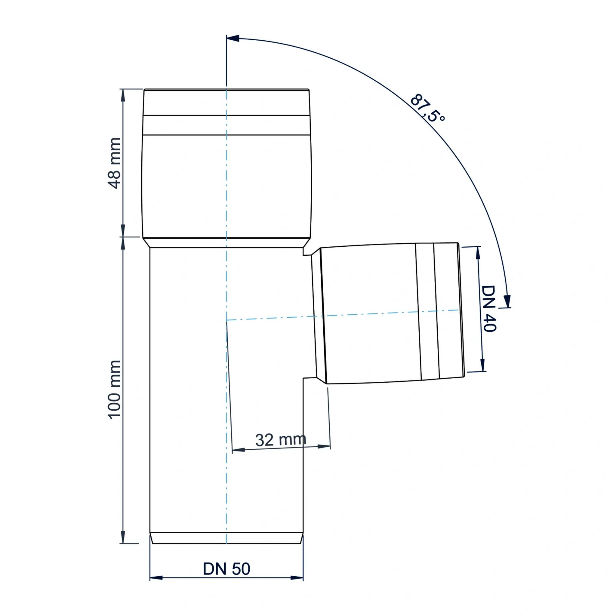 Technische Zeichnung einer 87,5°-Rohrbogenfitting, zeigt DN 50 Hauptkörper, DN 40 Abzweigung und Abmessungen 48 mm, 100 mm und 32 mm.