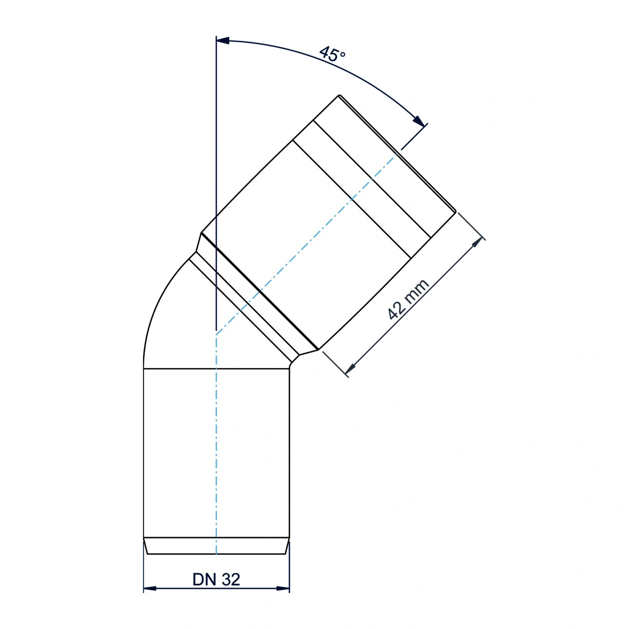 Technisches Diagramm einer 45°-Bogenleitungs-Formstücks mit Bezeichnung DN 32 und 42 mm, das die gewinkelte Verbindung und wichtigsten Abmessungen zeigt.