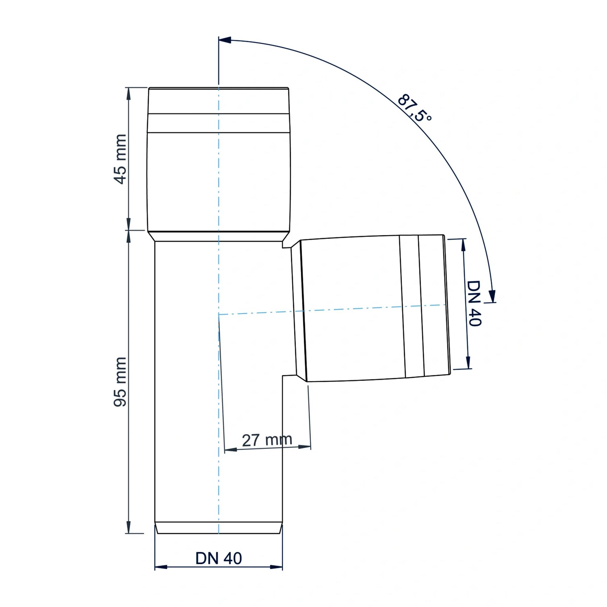Technische Zeichnung eines DN 40 Rohrbogens/Fittings mit einem Winkel von 87,5° und den Abmessungen 95 mm, 45 mm und 27 mm.