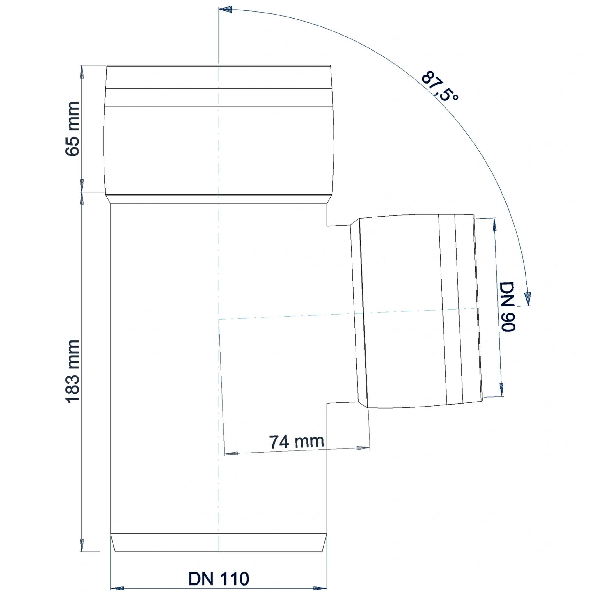 Technische Zeichnung einer DN 110 Rohrarmatur mit Seitenzweig DN 90 unter 87,5 Grad, mit den Abmessungen 183 mm, 65 mm und 74 mm.