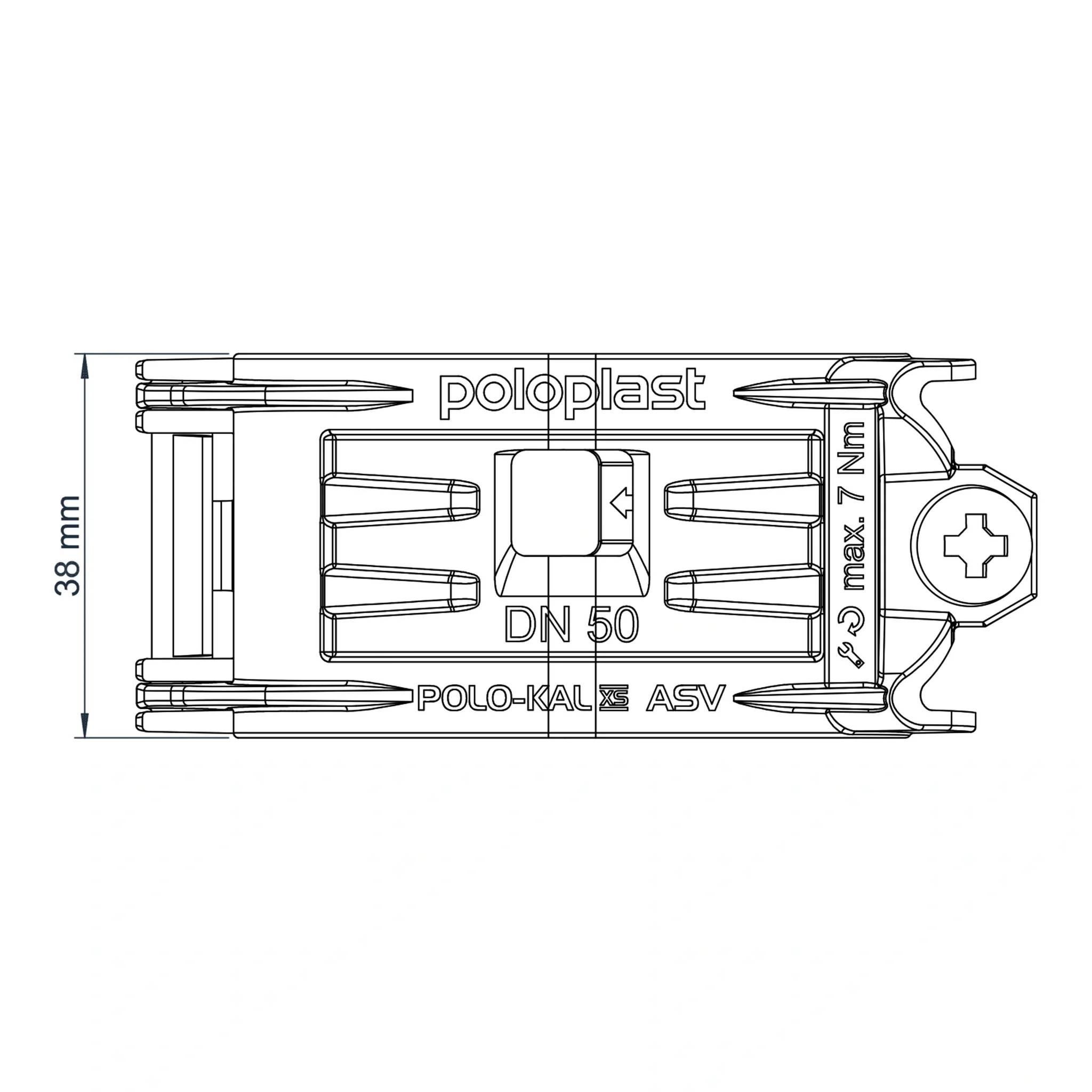 Technische Zeichnung einer POLOPLAST POLO-KAL ASV DN 50 Rohrverbindung, zeigt Abmessungen von 38 mm Höhe und max. 7 Nm Anzugsdrehmoment.