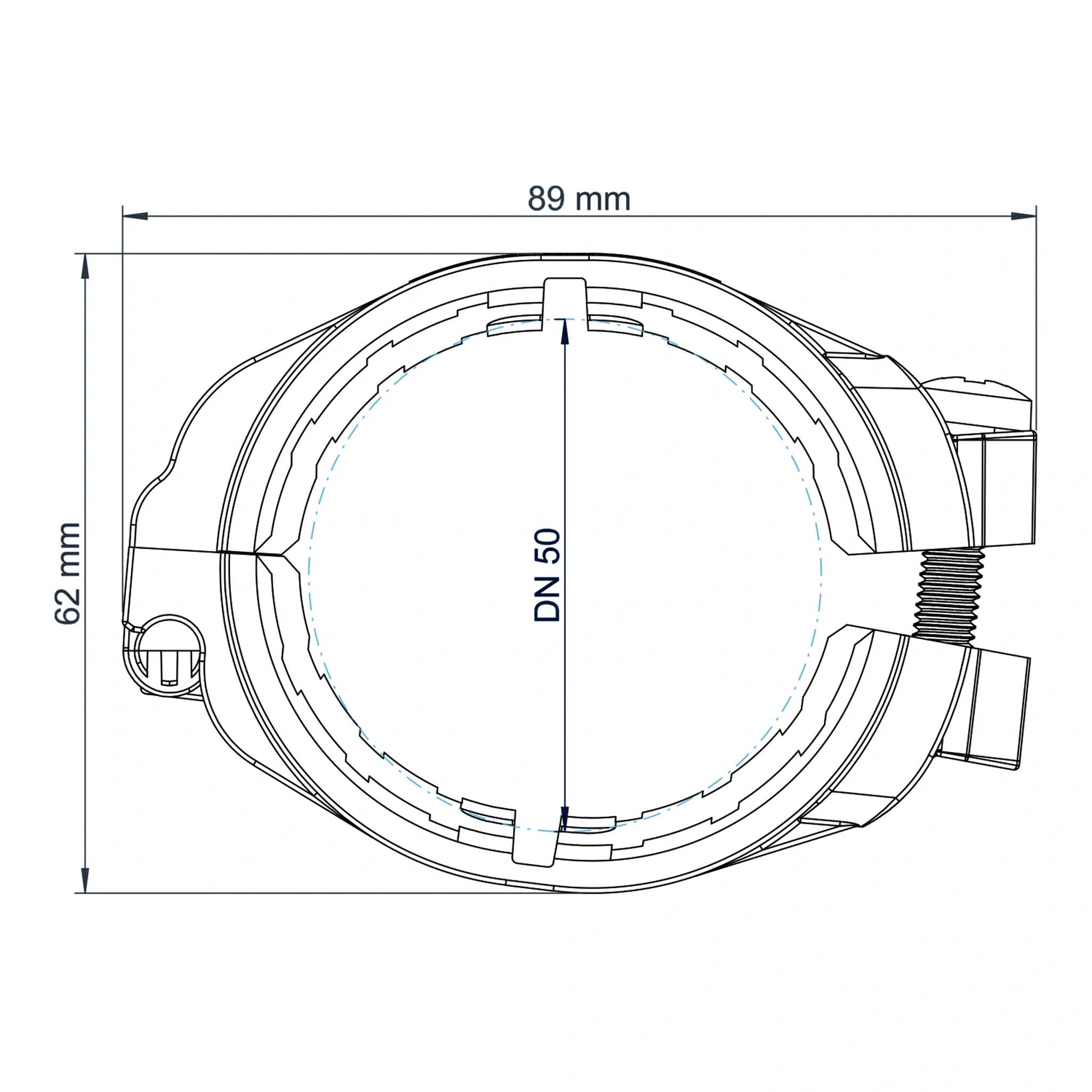 Technische Linienzeichnung einer DN 50 Rundschelle oder Kupplung, gekennzeichnet mit Gesamtabmessungen von 89 mm Breite und 62 mm Höhe.