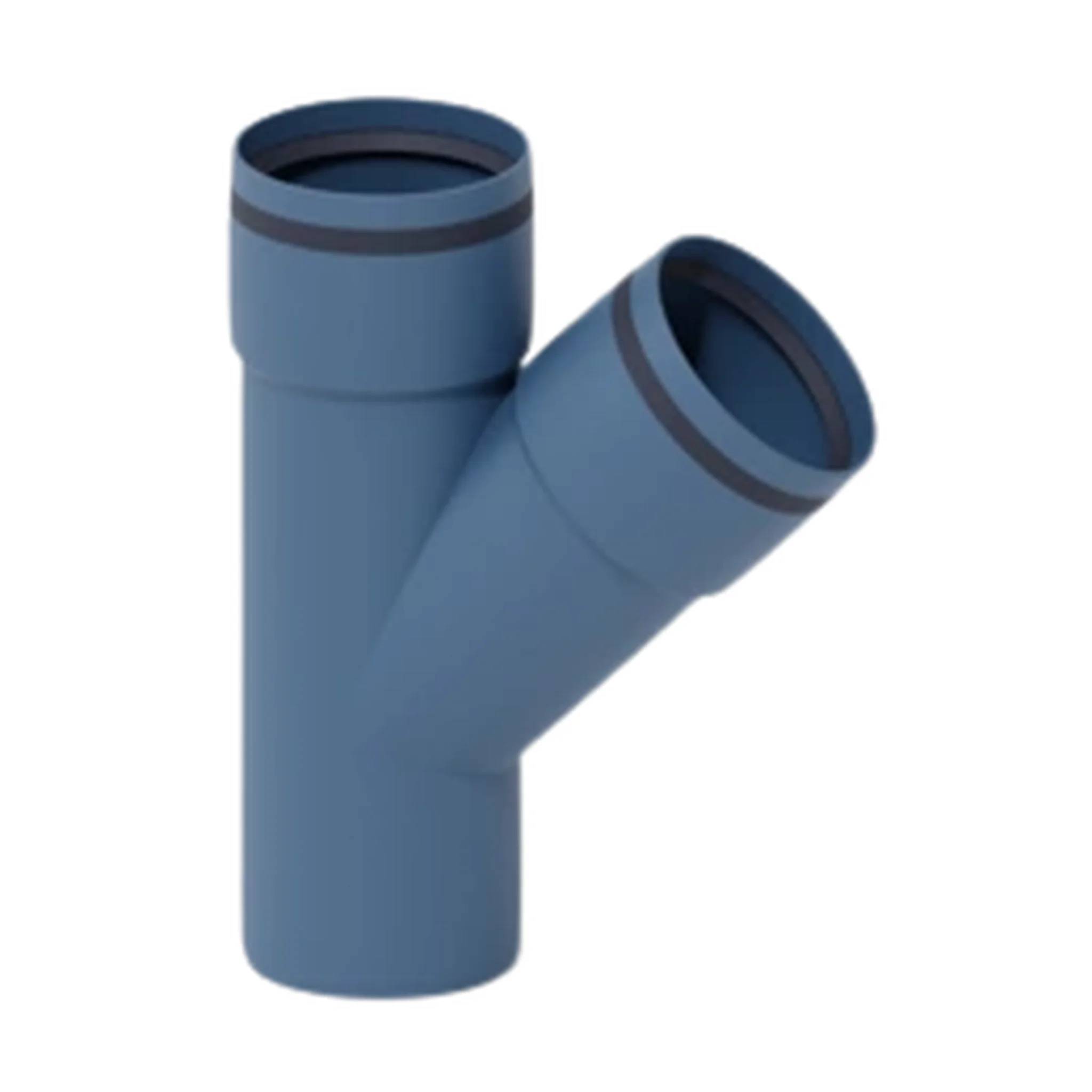 3D blaue Y-förmige Rohrverschraubung mit zwei offenen Enden, dargestellt auf einem schlichten weißen Hintergrund.