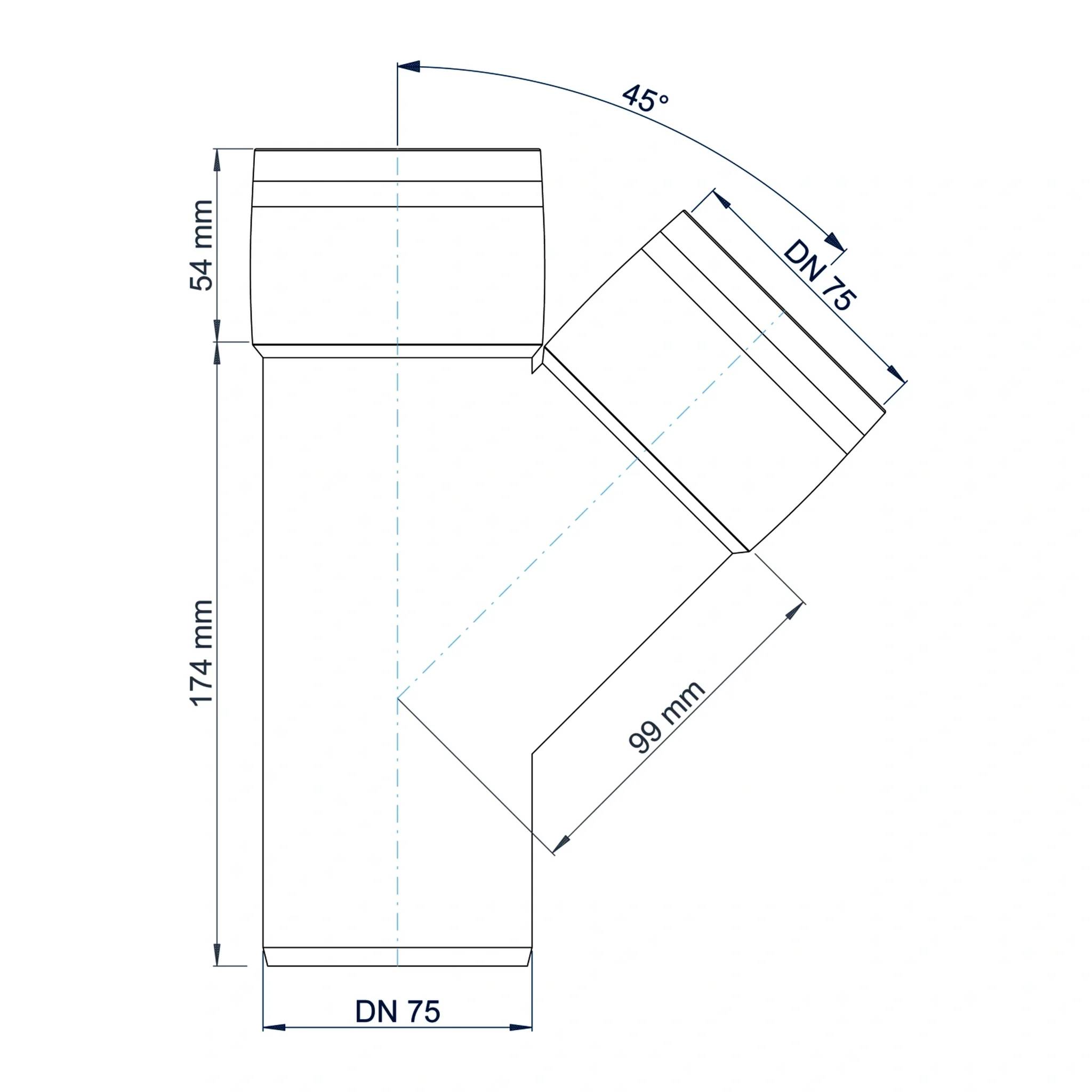 Technische Zeichnung einer DN 75 Y-Rohrverbindung, die einen 45°-Abzweig, einen 54 mm langen Oberteil, eine Haupthöhe von 174 mm und eine Abzweiglänge von 99 mm zeigt.