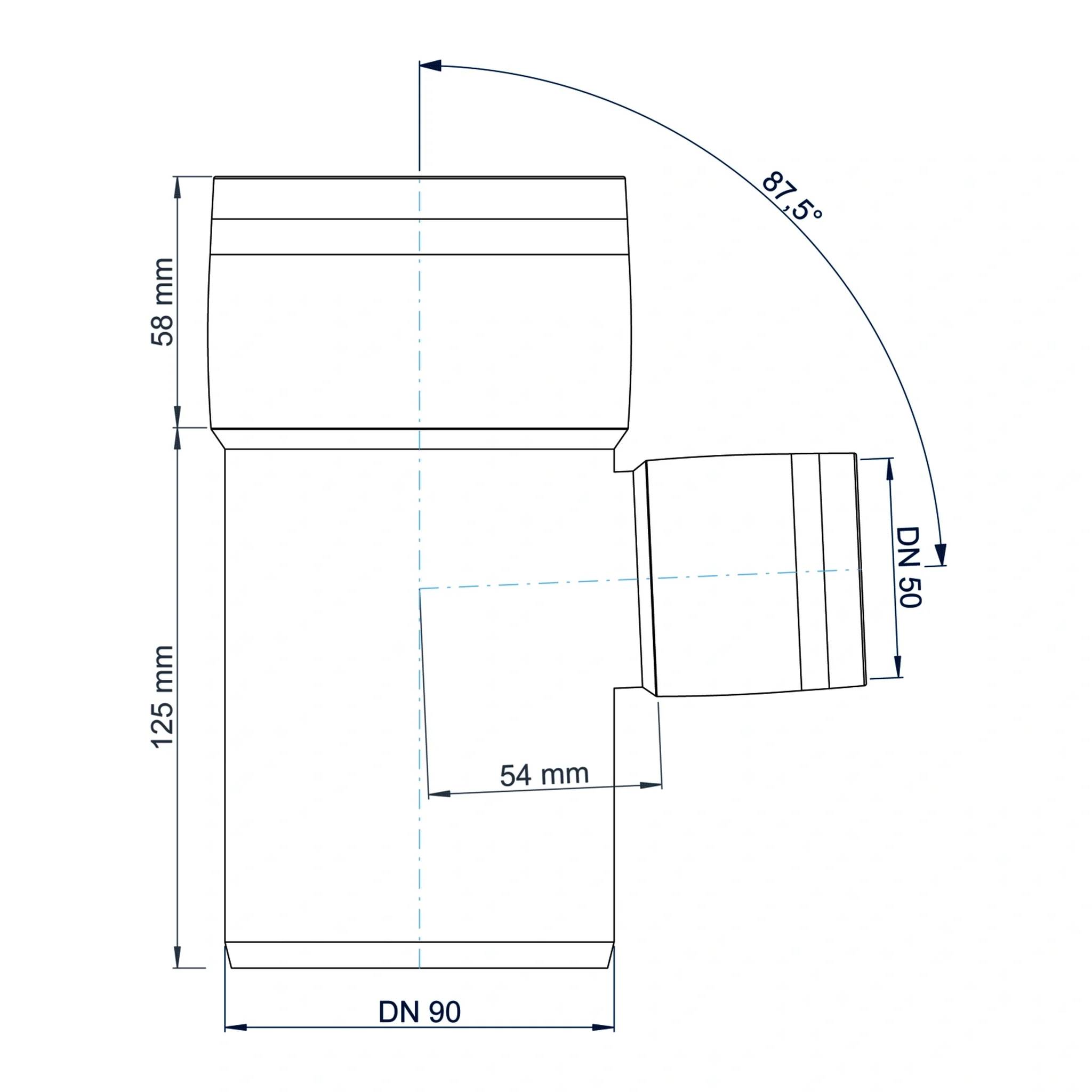 Technisches Diagramm einer Rohrverschraubung mit einem 87,5° abgewinkelten Seitenzweig; die beschrifteten Abmessungen umfassen DN 90, DN 50, 125 mm, 58 mm und 54 mm.