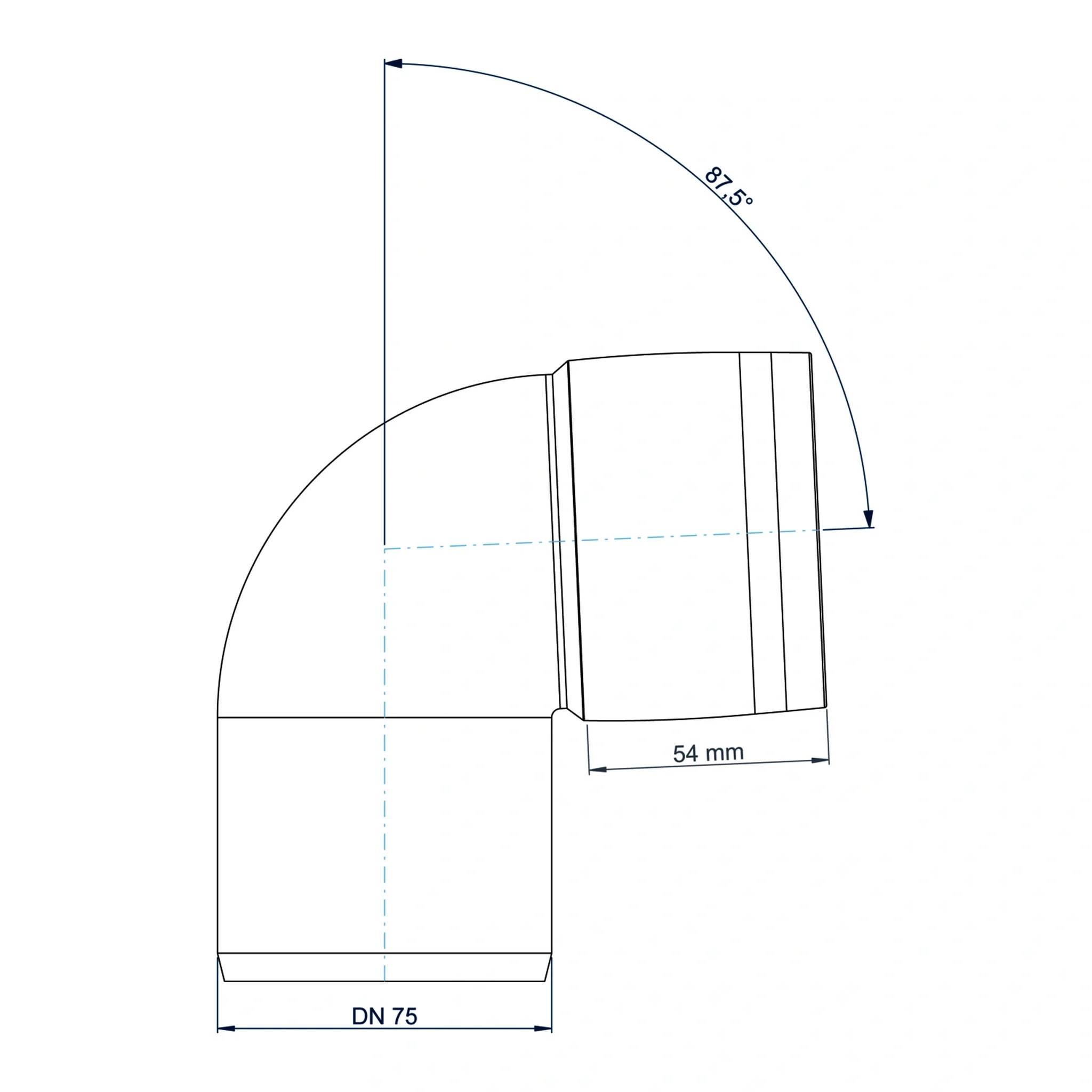 Technische Zeichnung einer 90-Grad-Rohrbogenfitting gekennzeichnet mit DN 75, mit einer Segmentlänge von 54 mm und einem Winkel von 87,5°.