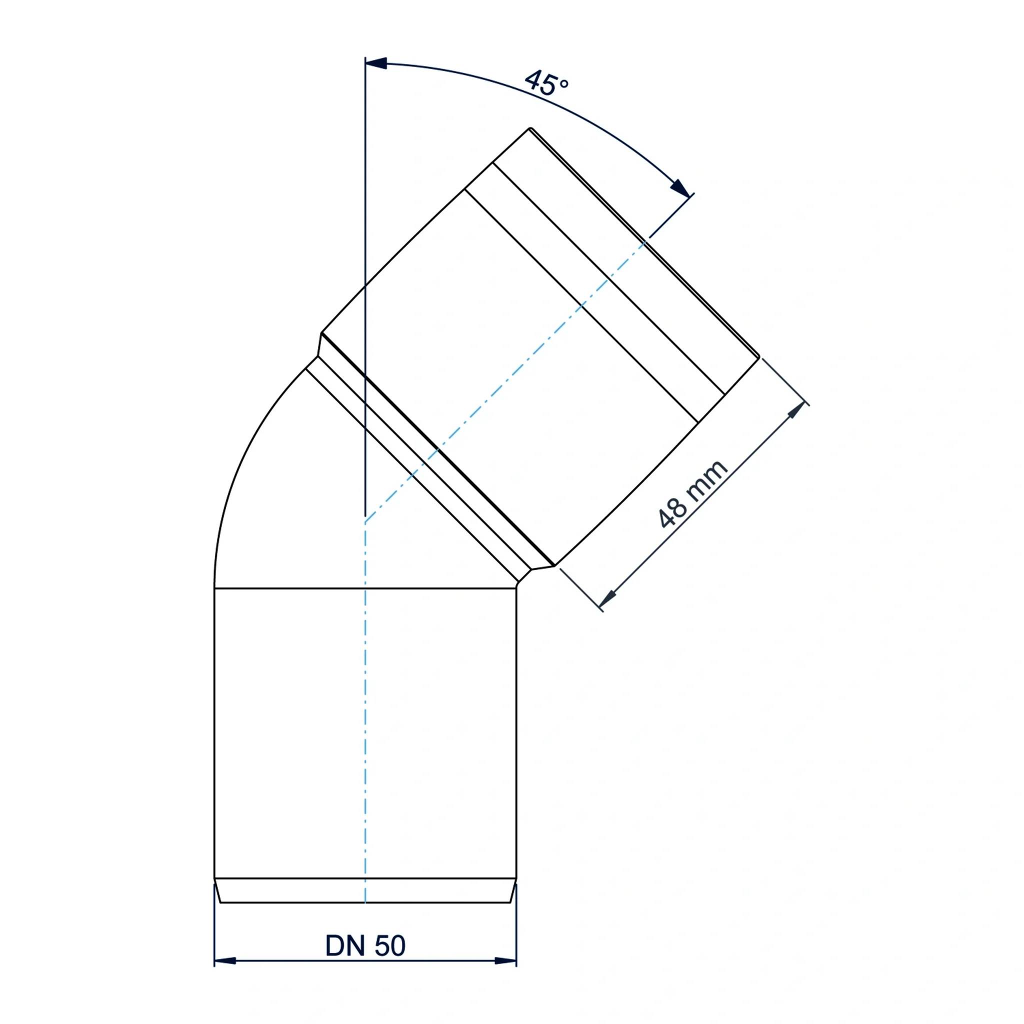 Technisches Diagramm einer 45°-Rohrbogenfitting mit der Bezeichnung DN 50 und einer Länge von 48 mm.