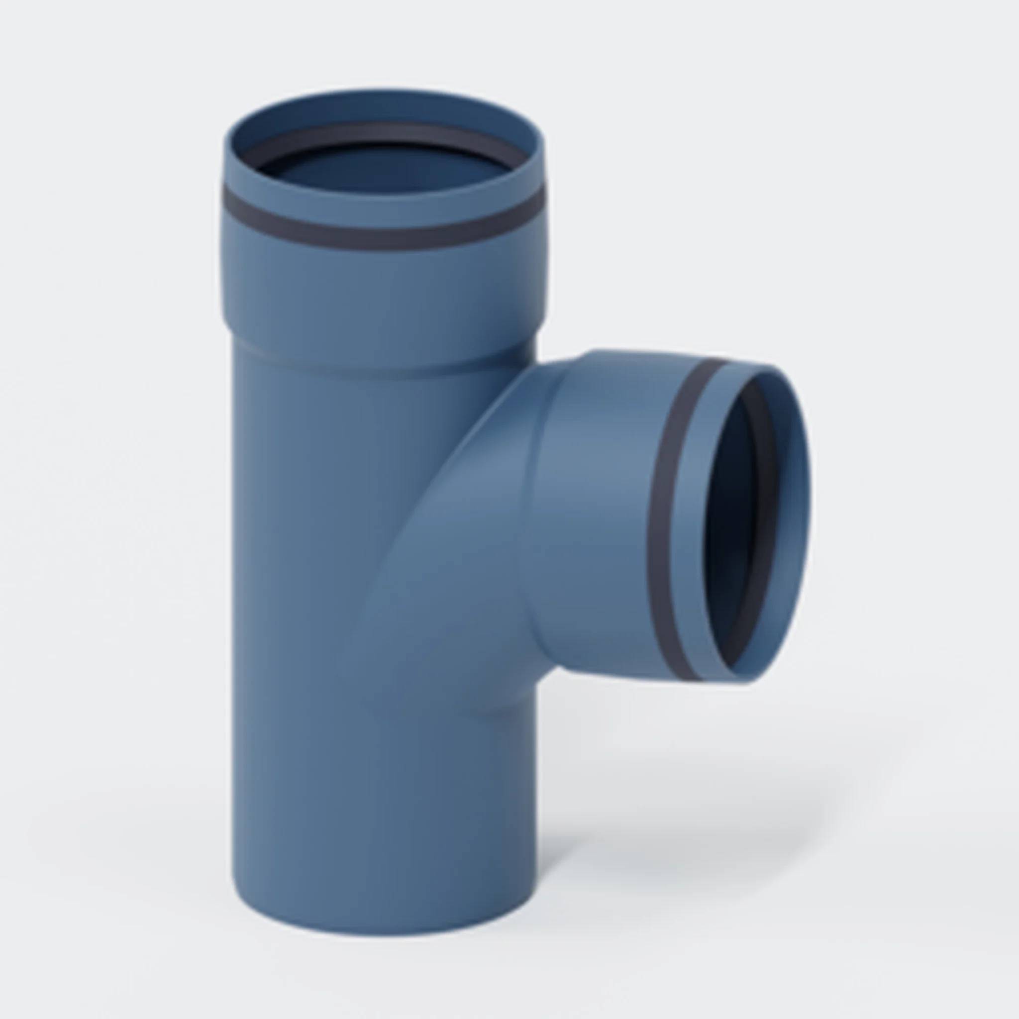 Blau PVC-Rohrverbinder in T-Form, mit einer vertikalen Öffnung und einem seitlichen Auslass.