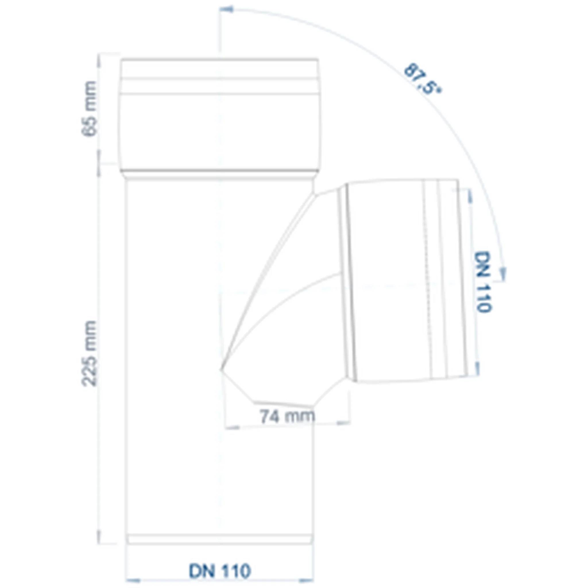 Technisches Diagramm einer PVC-Rohrverschraubung mit einem 87,5°-Abzweigungswinkel für DN 110, mit beschrifteten Abmessungen von 225 mm, 65 mm und 74 mm.