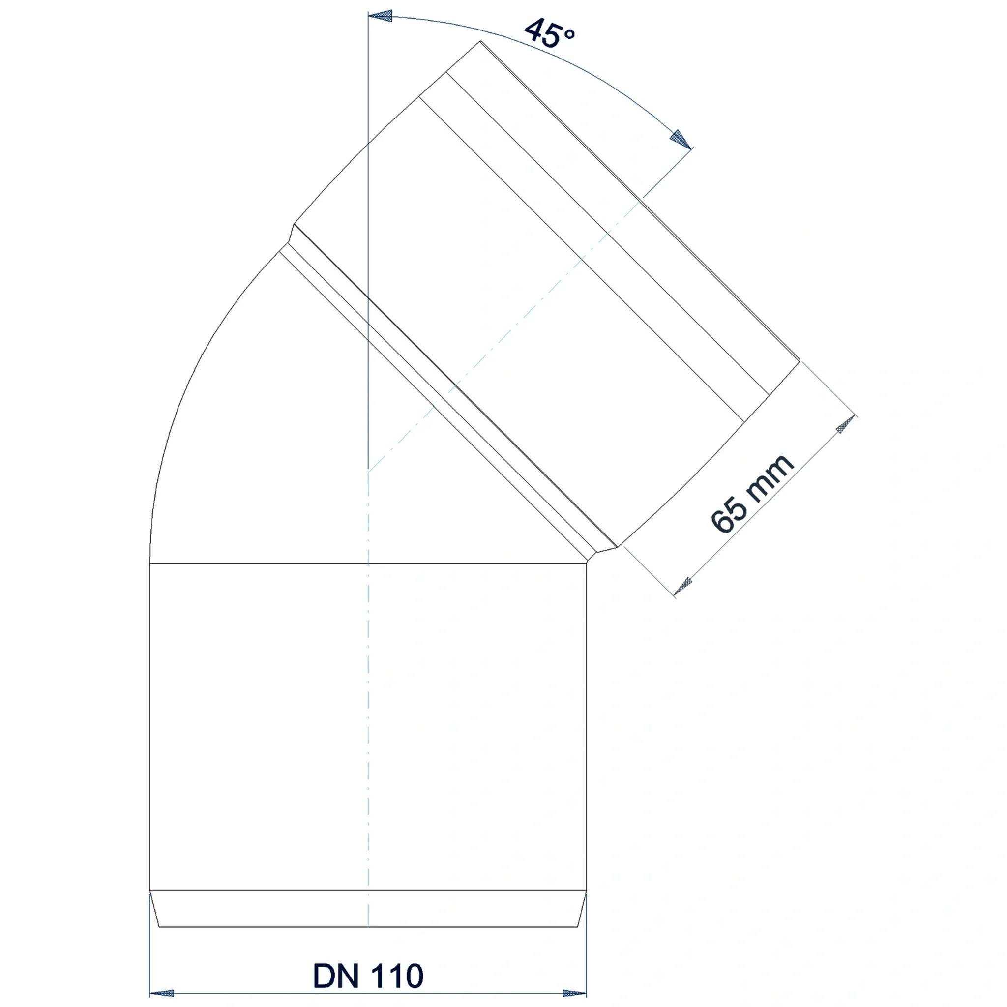 Technisches Schaubild einer Rohrbogenverschraubung mit einem Winkel von 45°, einer Länge von 65 mm und einem Nenndurchmesser DN 110.