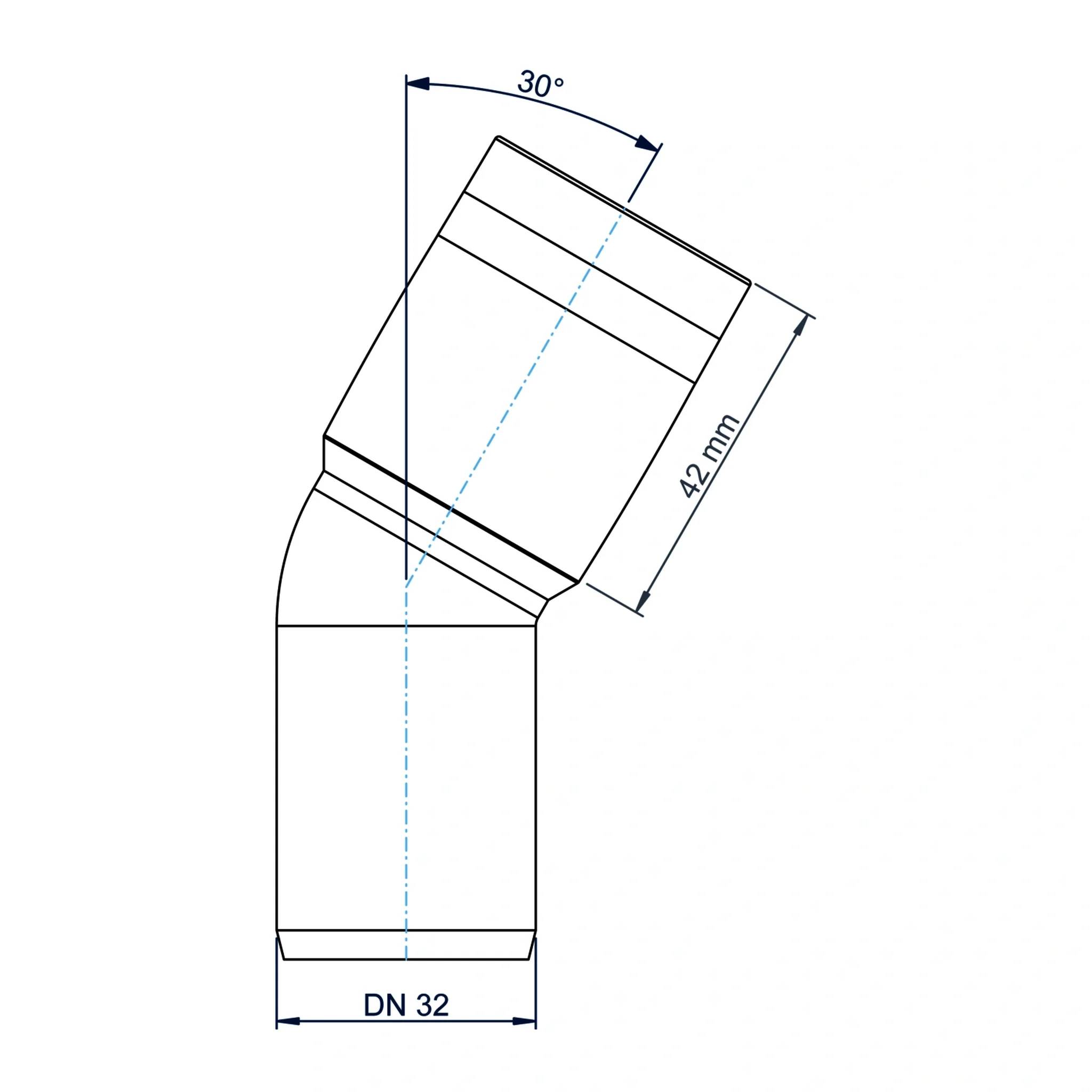 Technische Zeichnung einer 30° abgewinkelten Rohrkrümmer mit einem 42 mm Segment und DN 32 Basisdurchmesser.