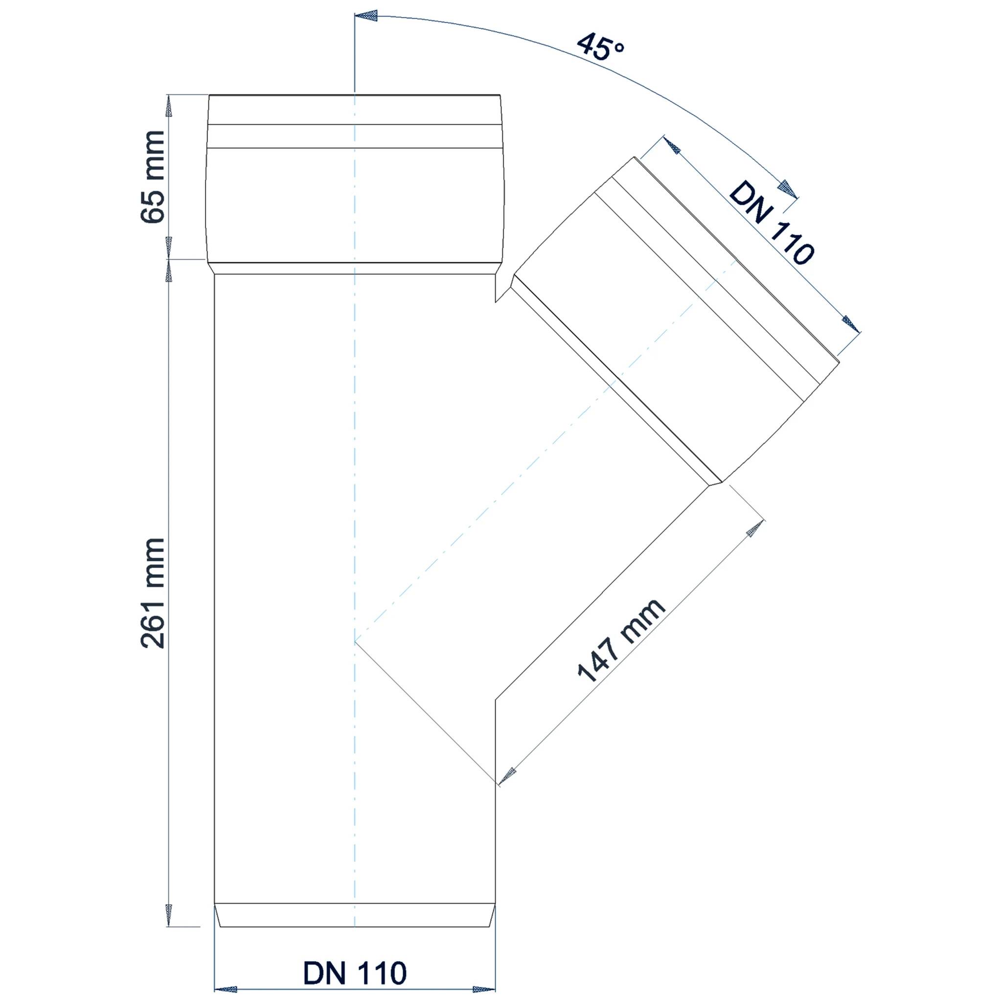 Technische Zeichnung einer DN 110 Rohrverschraubung mit einem 45° abgewinkeltem Abzweig, mit Abmessungen von 261 mm Höhe, 65 mm Oberteil und 147 mm Abzweiglänge.
