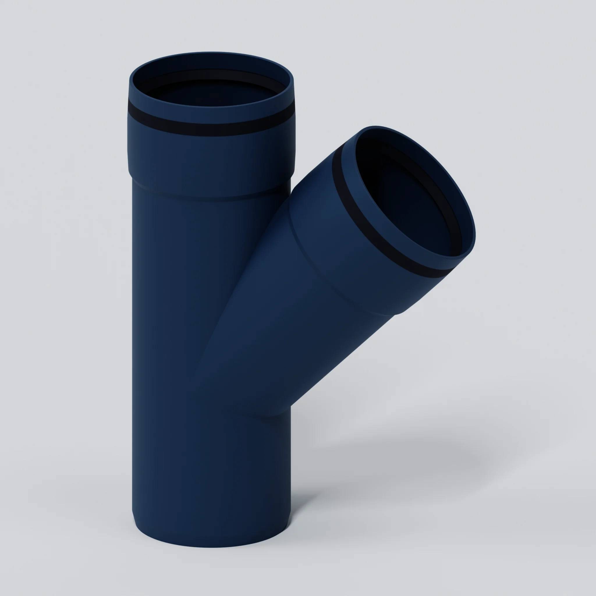 Blauer PVC-Y-Verbindung Rohrstutzen mit einer vertikalen Öffnung und einem schrägen Abzweig, dargestellt auf hellem, neutralem Hintergrund.