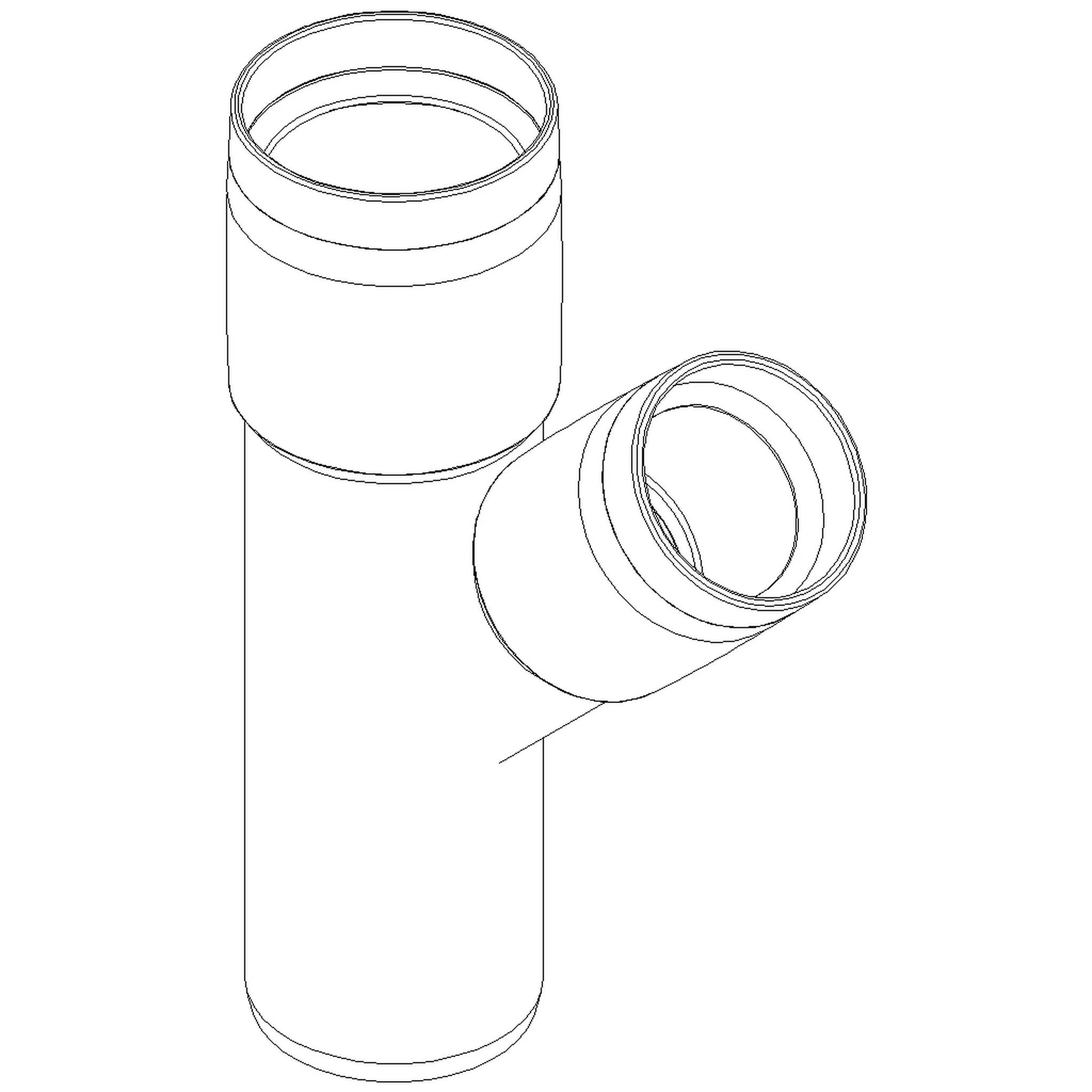 Linienzeichnung einer PVC-Rohr-T-Stück-Verbindung mit einer vertikalen Öffnung und einem abgewinkelten Seitenzweig.