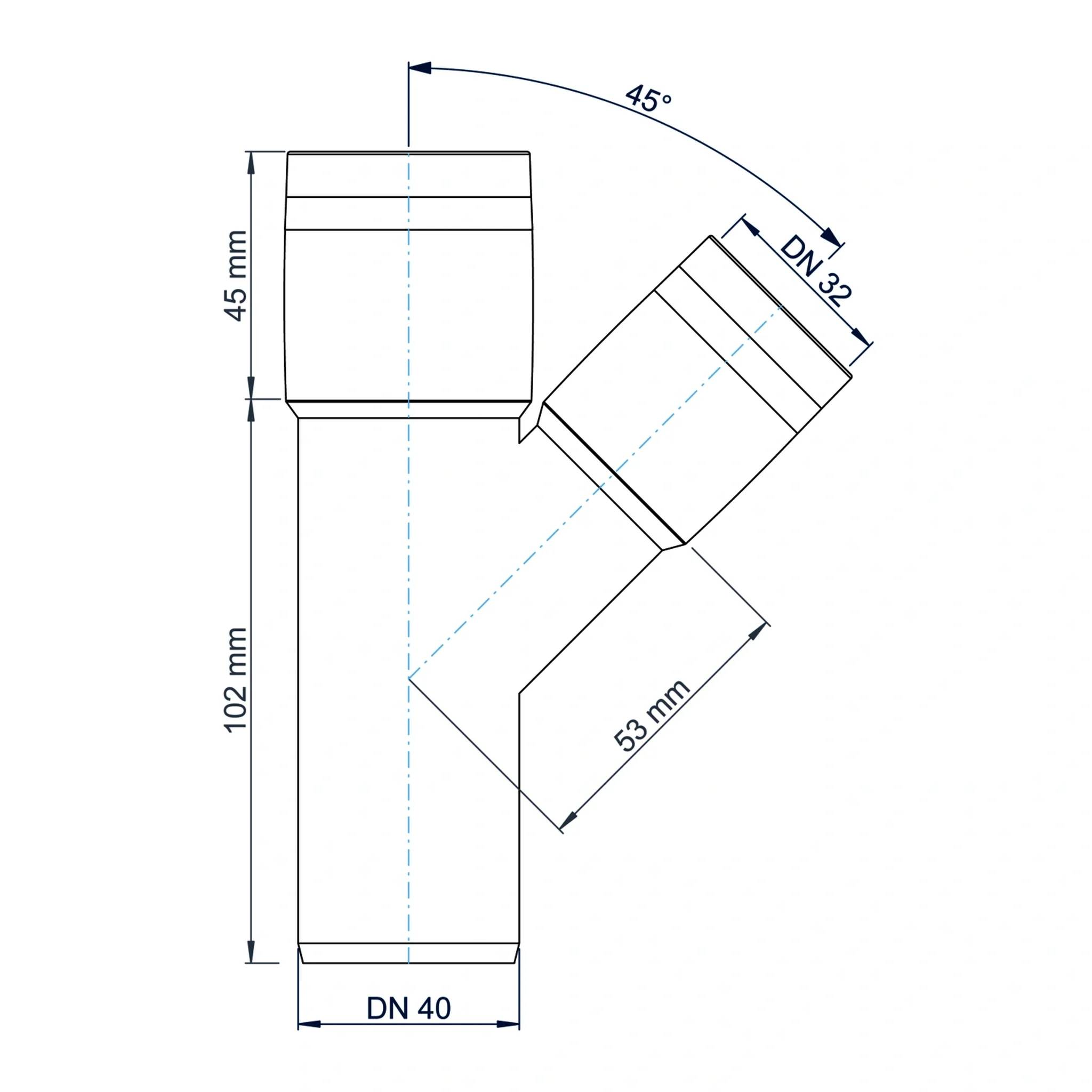 Technisches Diagramm einer Rohrverbindung mit einem 45°-Anschluss, gekennzeichnet mit DN 40 Stamm und DN 32 Auslass, mit den Abmessungen 45 mm, 102 mm und 53 mm.