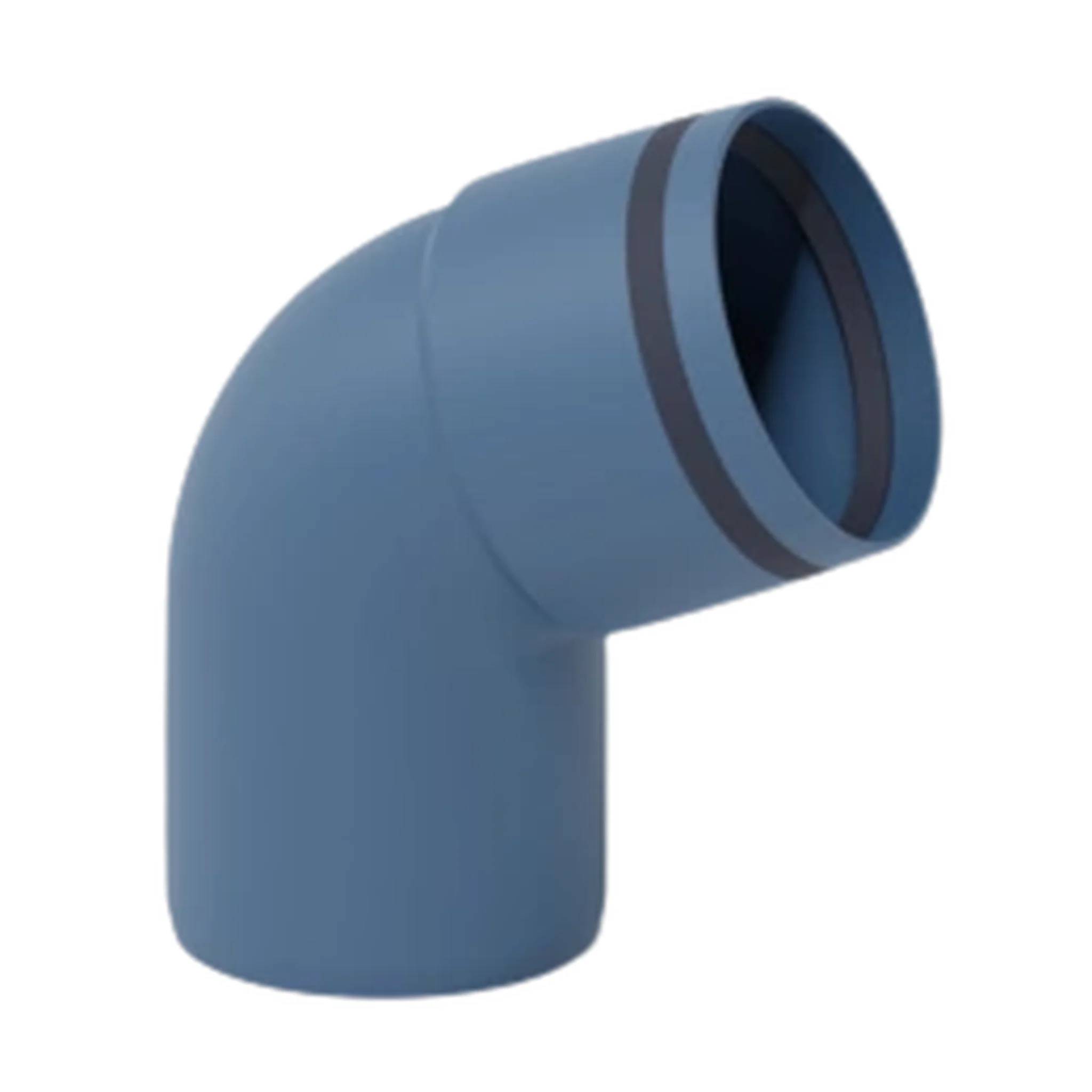 Blaue 90-Grad-Rohrbogenfitting auf weißem Hintergrund.