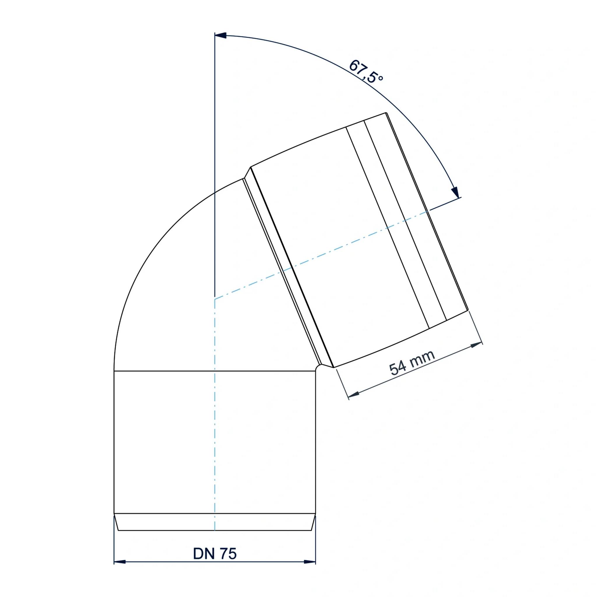 Technische Zeichnung einer DN 75 Rohrbogenkrümmung, die eine 67,5° Biegung und eine Ausgangsrohrlänge von 54 mm zeigt.