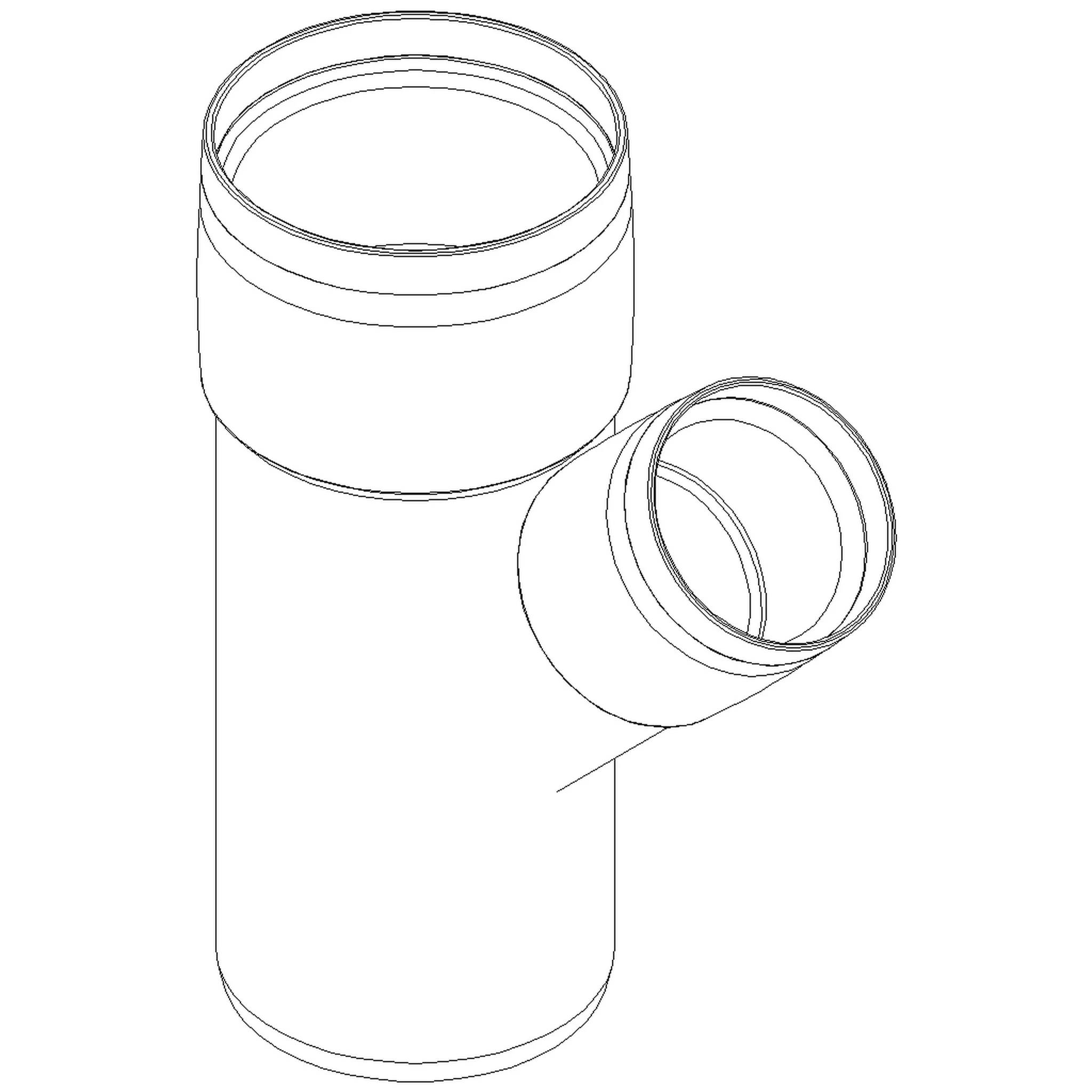 Illustration eines weißen zylindrischen Rohrverschraubung mit einer Hauptöffnung in vertikaler Ausrichtung und einer kleineren, abgewinkelten Seitenöffnung.