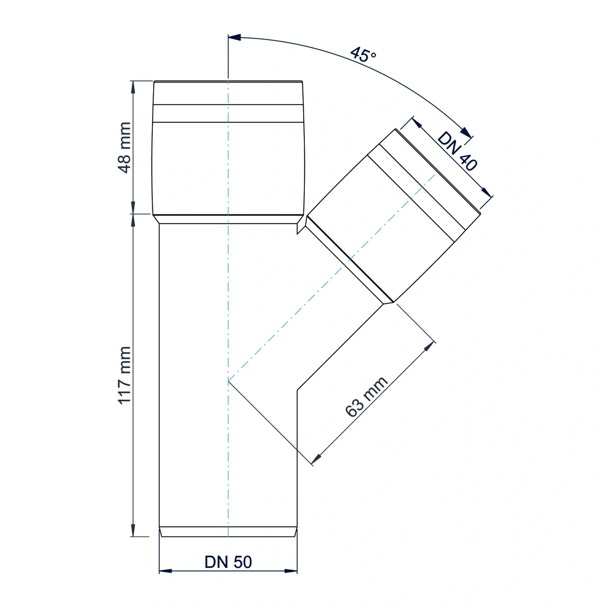 Technisches Diagramm einer Y-Verschraubung: DN 50 Hauptvertikalrohr, DN 40 abgewinkelter Abzweig in 45°-Winkel, mit 117 mm Höhe, 48 mm oberer Abschnitt und 63 mm Abzweiglänge.