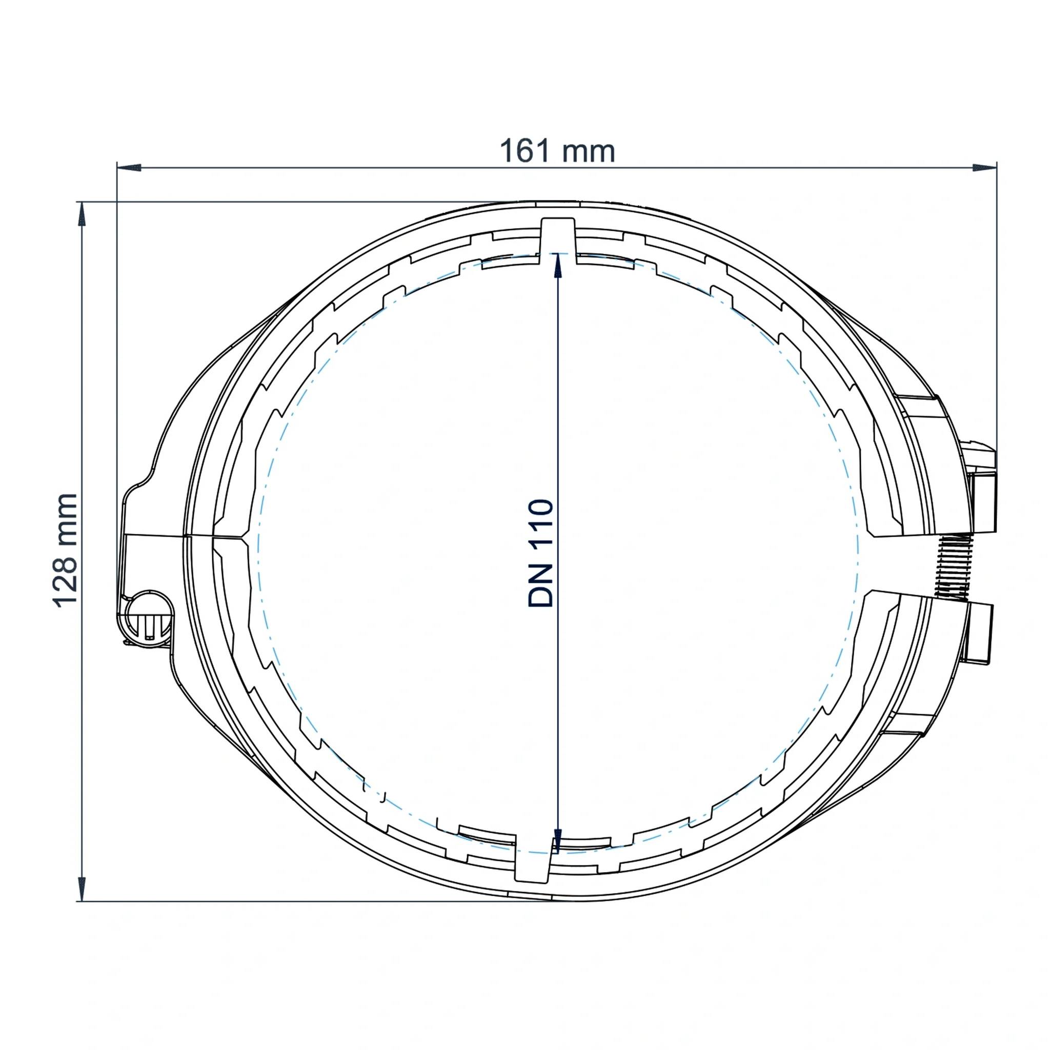Technische Linienzeichnung einer ovalen Schelle oder Manschette, mit einer Breite von 161 mm, einer Höhe von 128 mm und einem Innendurchmesser von DN 110 gekennzeichnet.