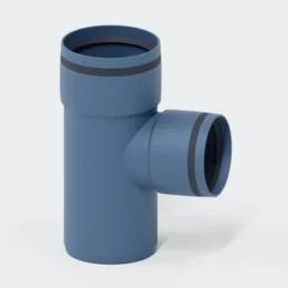 Blaues PVC-Rohrbogen-T-Stück mit einer vertikalen Öffnung und einem seitlichen Auslass, dargestellt auf weißem Hintergrund.