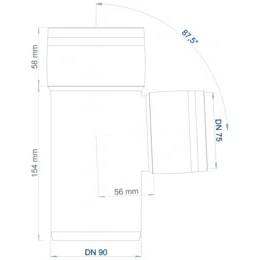 Technische Maßzeichnung einer Rohrbogenfitting mit rechtem Winkel, mit den Abmessungen 58 mm, 154 mm, 56 mm, DN 90, DN 75 und einem Winkel von 87,5°.