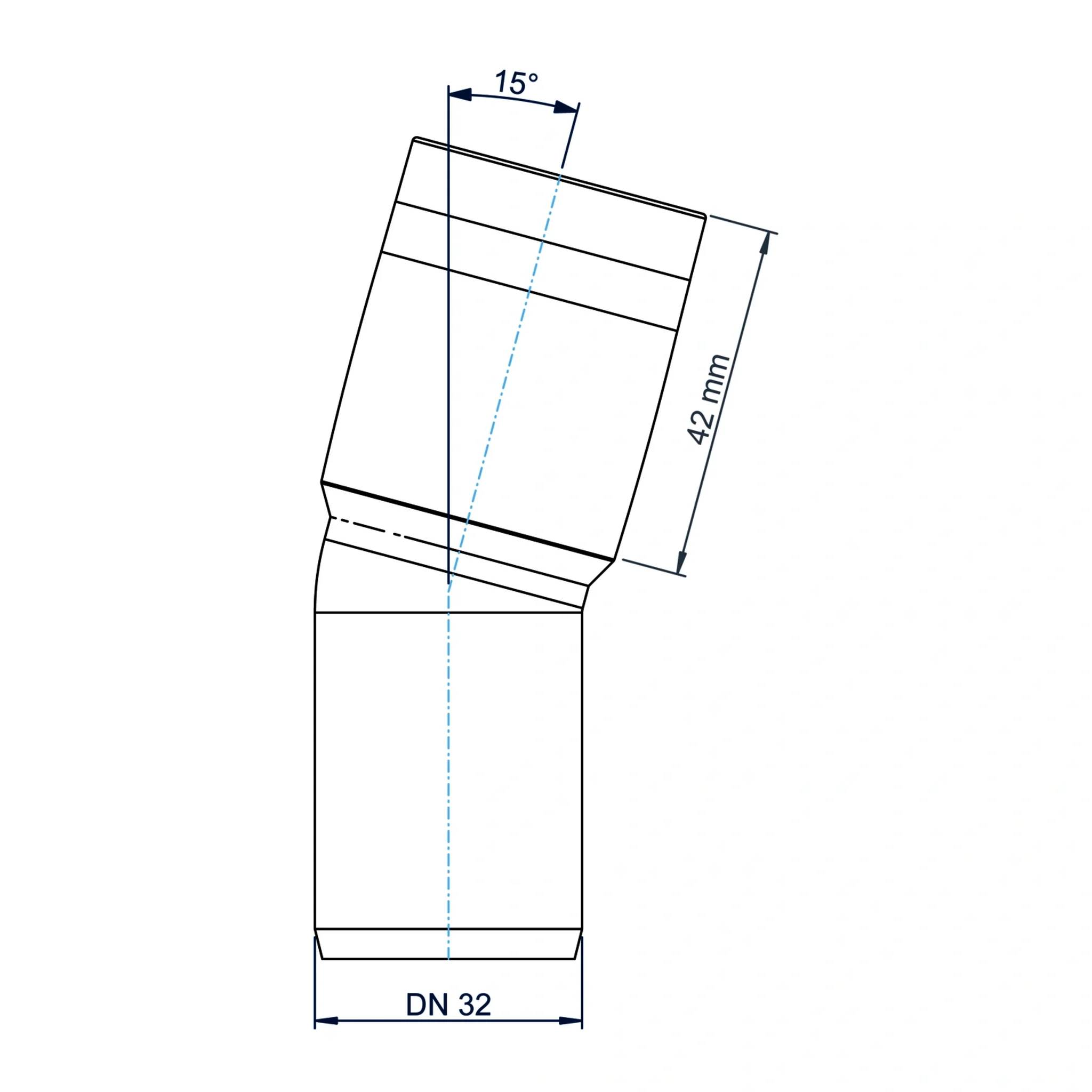 Technisches Diagramm einer abgewinkelten Rohrverbindung, das eine 15°-Biegung, einen 42-mm-Oberteil und eine DN-32-Breite an der Basis zeigt.