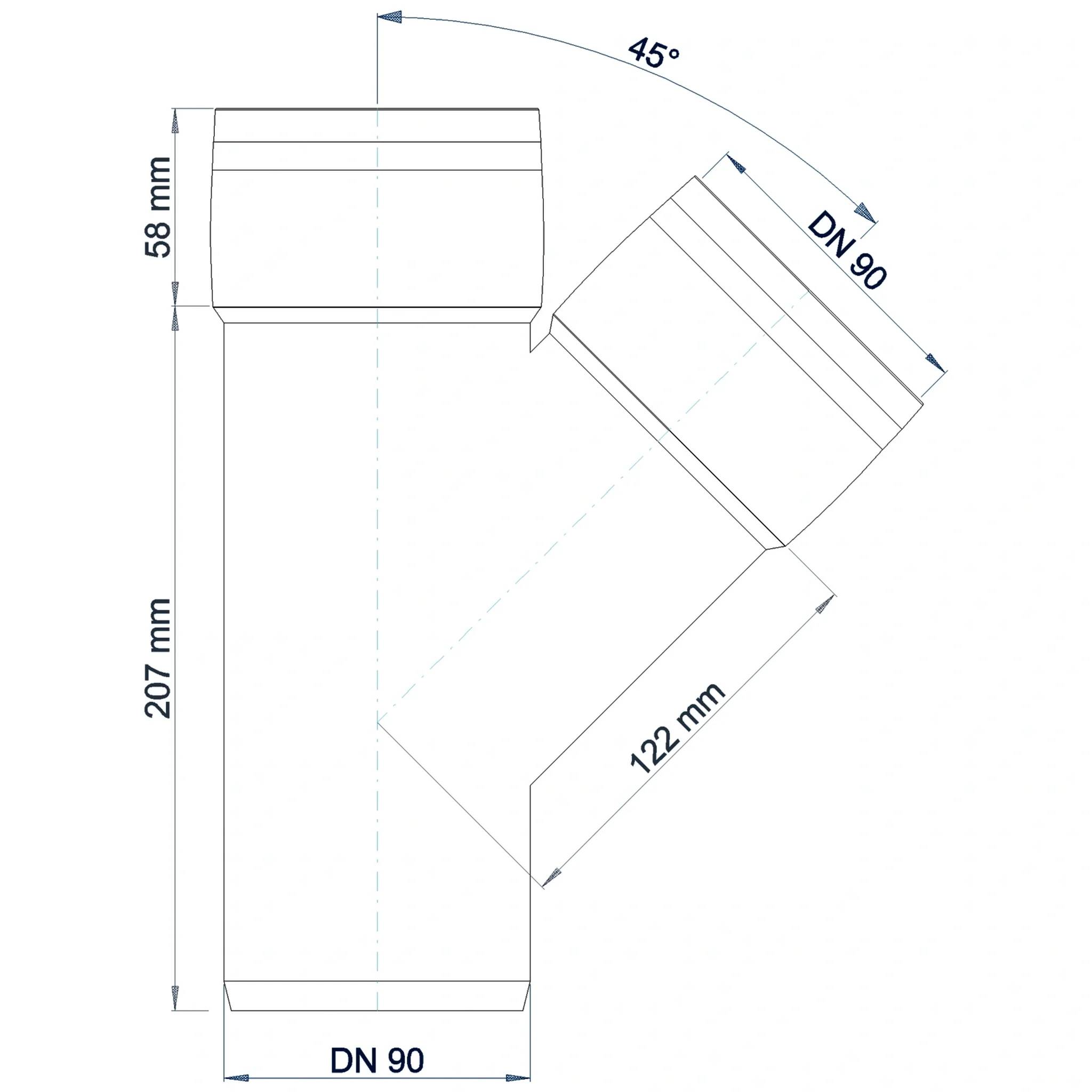 Technisches Schaubild einer Y-förmigen Rohrverschraubung, gekennzeichnet mit DN 90, mit einem 45°-Abzweig und den Abmessungen 207 mm, 122 mm und 58 mm.