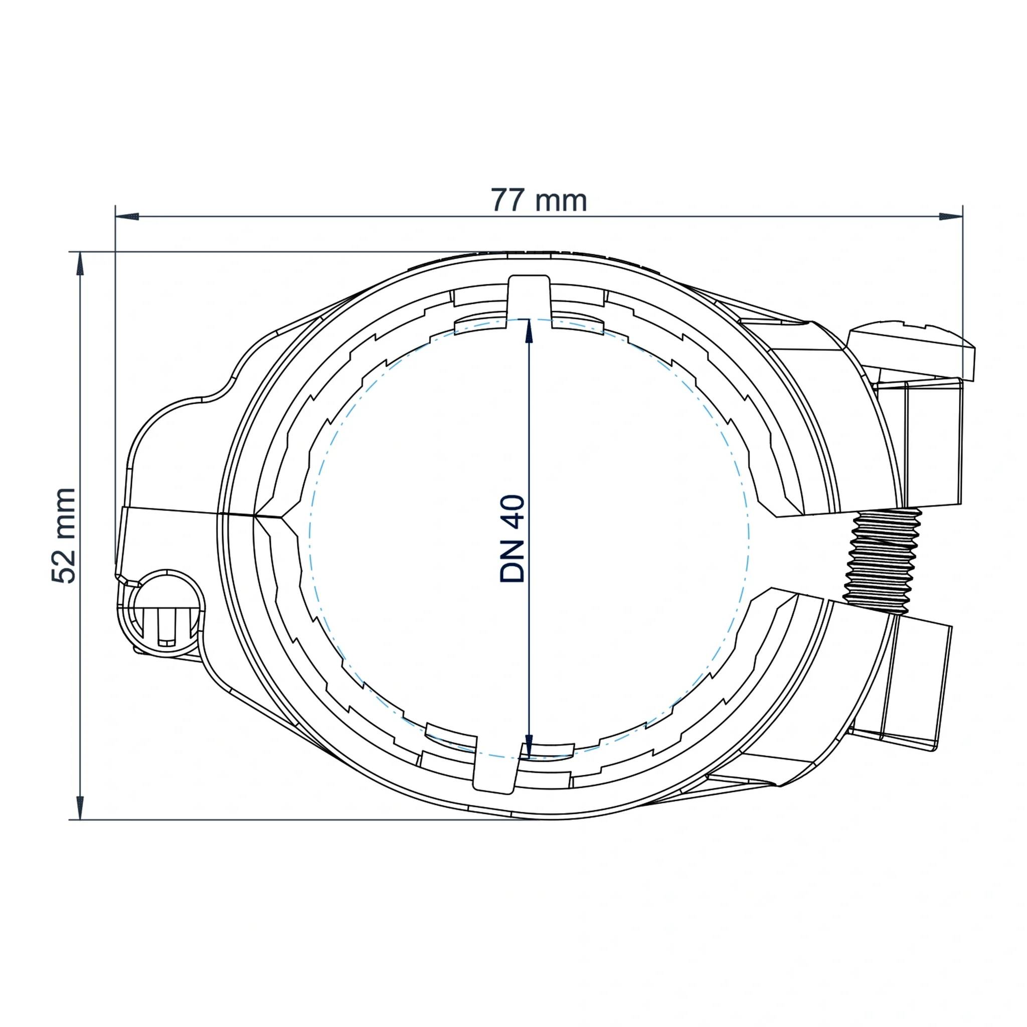 Technische Zeichnung einer Klemmverbindung, die eine Breite von 77 mm, eine Höhe von 52 mm und eine kreisförmige Öffnung von DN 40 zeigt.