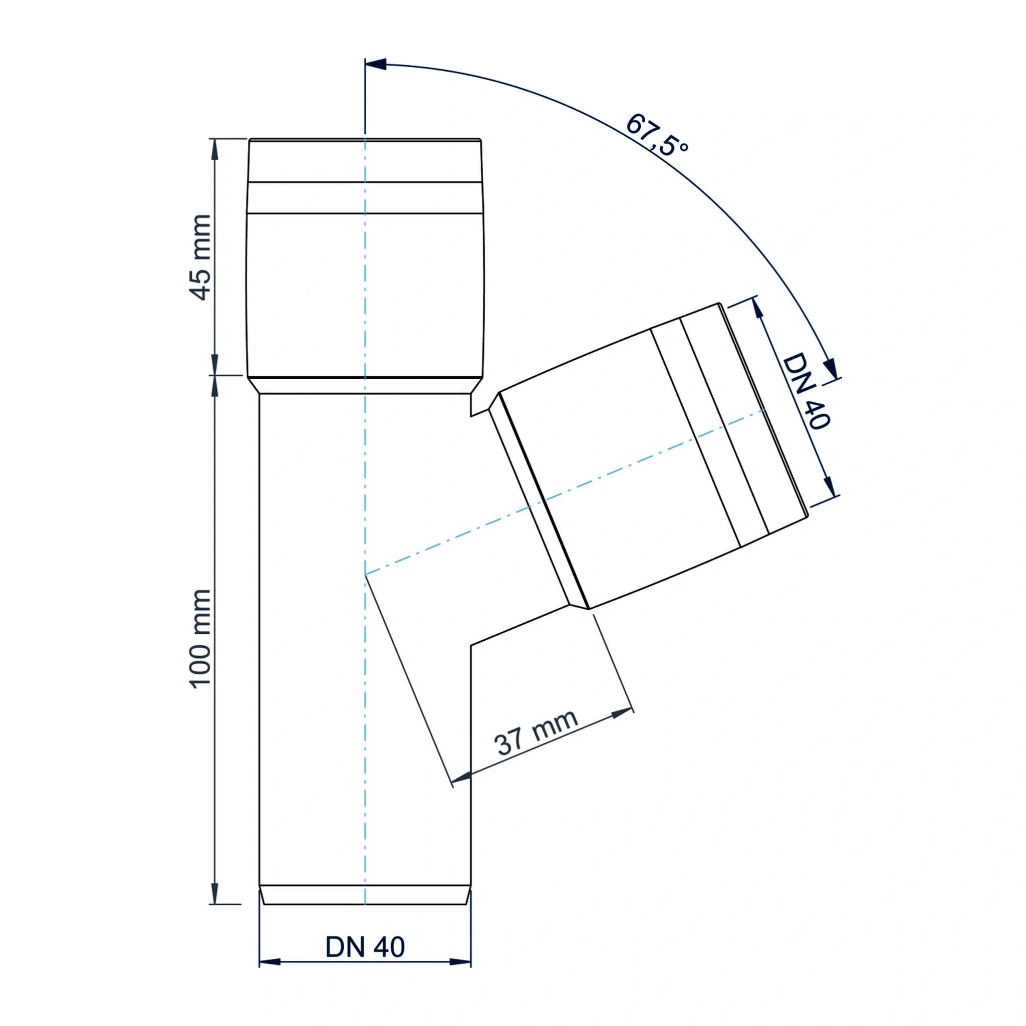 Technisches Diagramm einer DN 40 Rohrverschraubung mit abgewinkeltem Abzweig von 67,5°, mit Abmessungen von 45 mm für den oberen Abschnitt und 100 mm für den Hauptabschnitt.