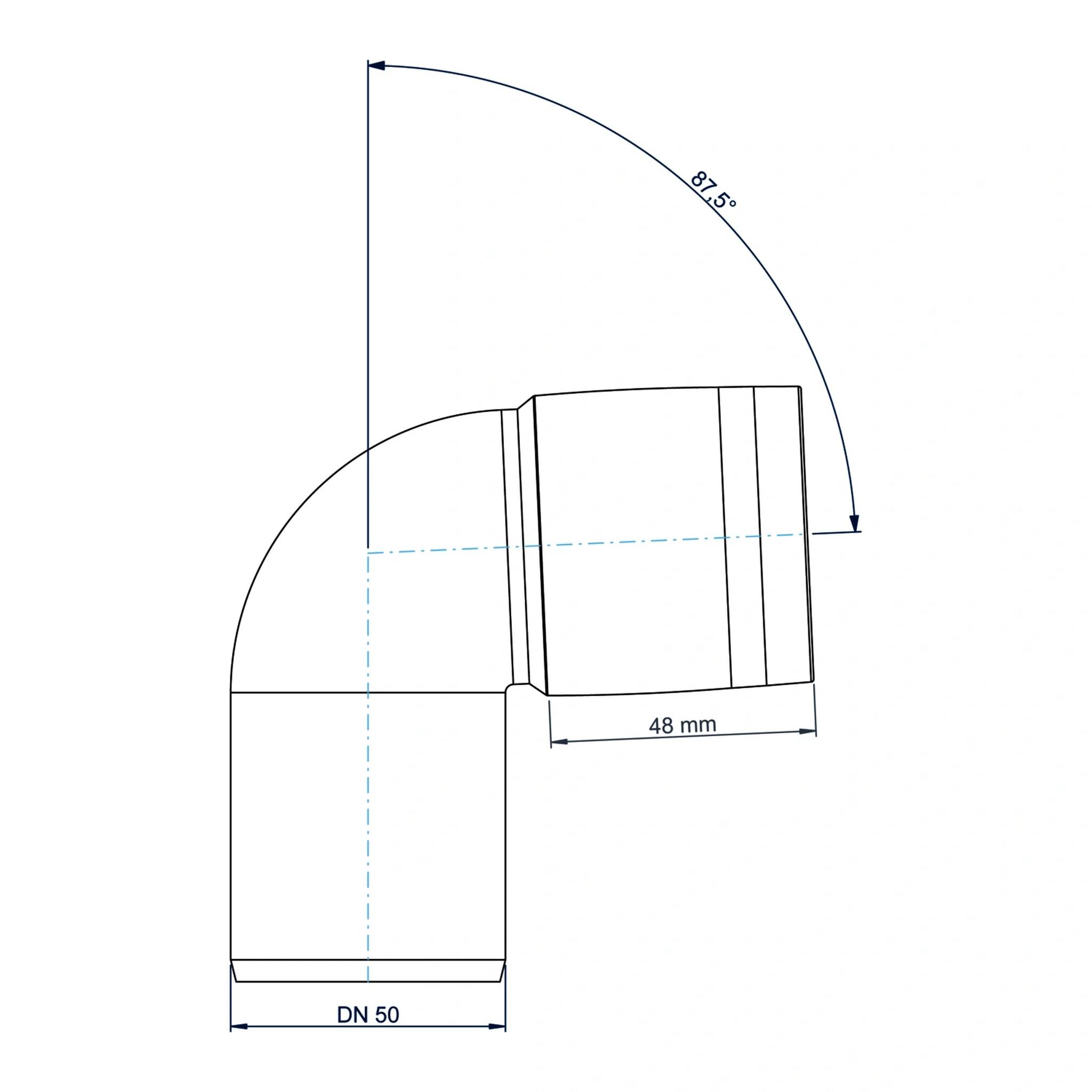 Technische Zeichnung einer 90-Grad-Rohrbogenfitting mit Bezeichnung DN 50, mit 48 mm horizontaler Länge und 87,5° Biegungswinkel.