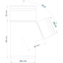 Technisches Rohrbeschlag-Diagramm, das eine Y-Abzweigung mit Reduzierung zeigt, mit beschrifteten Abmessungen DN 110, DN 75, 166 mm, 85 mm, 65 mm und 67,5°.