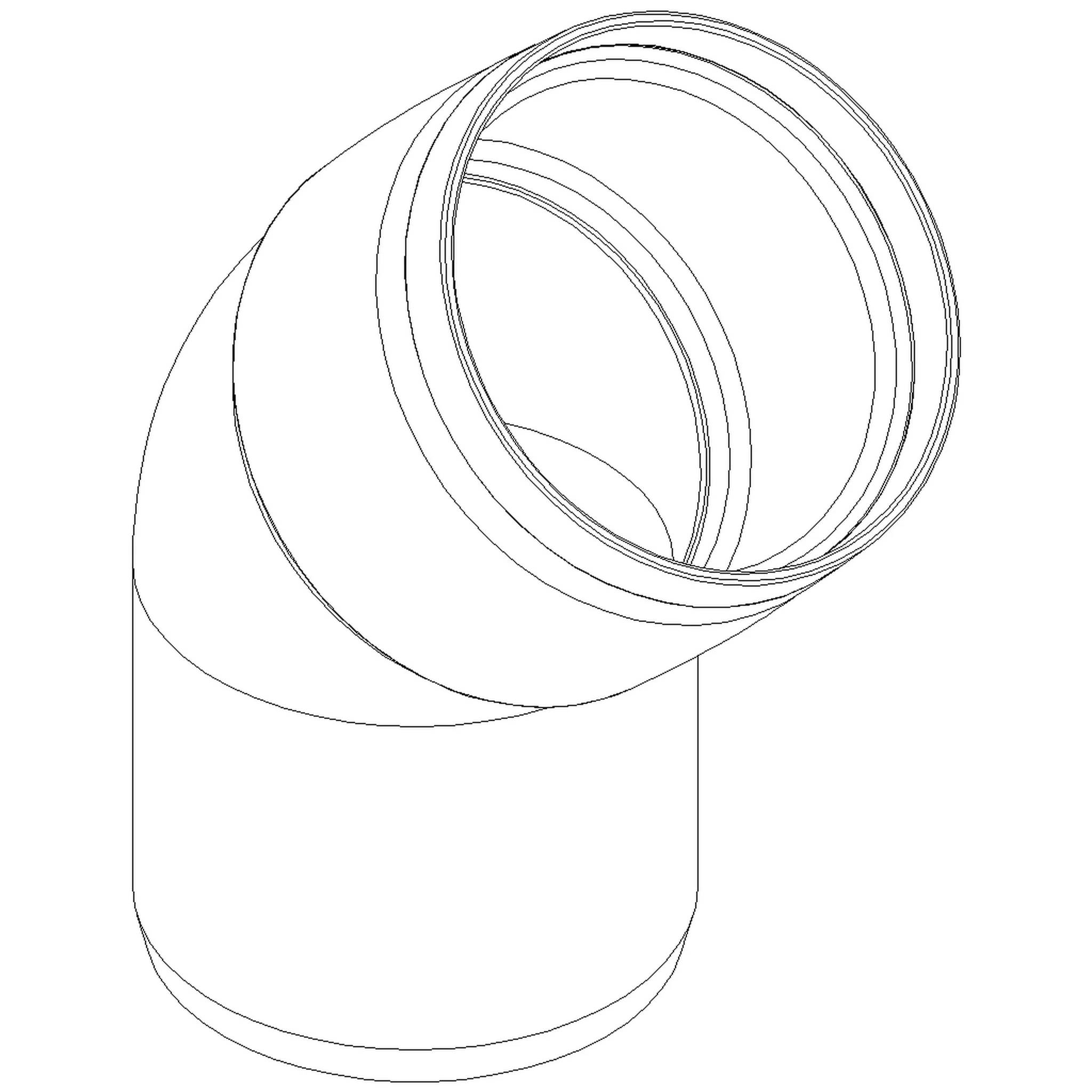 Strichzeichnung einer PVC-Rohrbogenverschraubung, dargestellt in perspektivischer Ansicht mit zylindrischem Körper und abgewinkeltem offenem Gewinde-Ende.