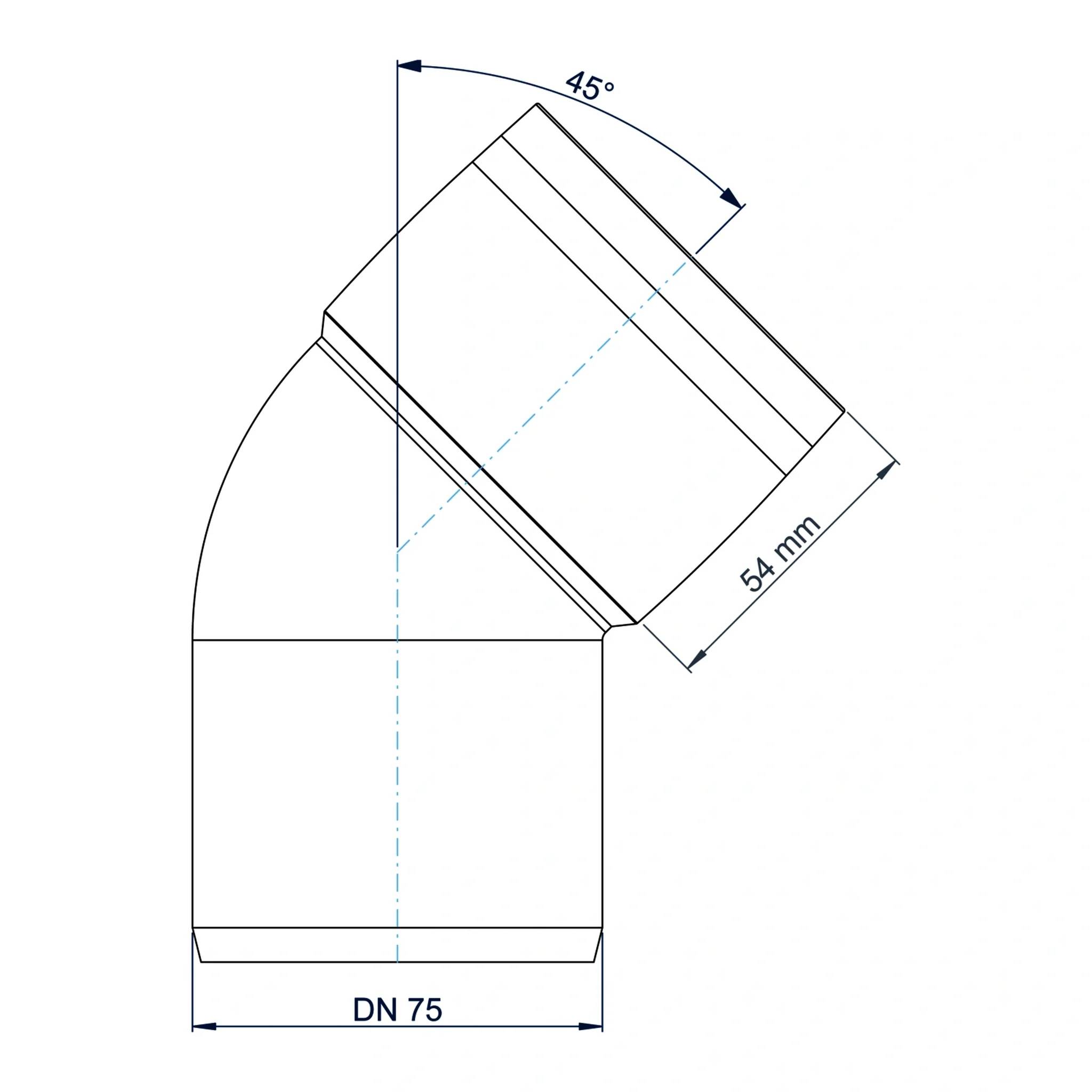 Technisches Diagramm eines 45°-Rohrkrümmers mit Winkel, gekennzeichnet mit DN 75 und 54 mm, zeigt die Biegungsgeometrie und Abmessungen.