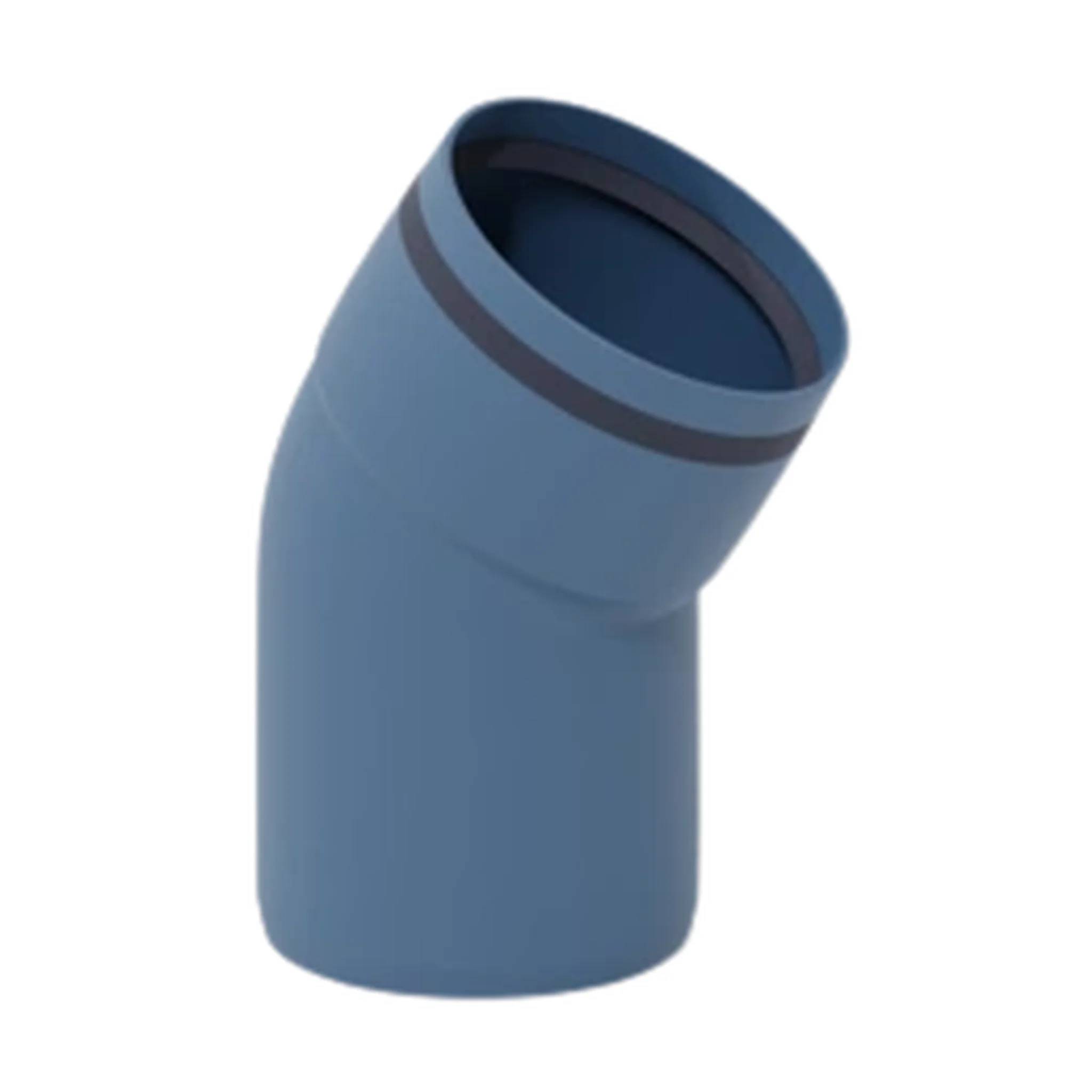 Blaue abgewinkelte Rohrbogenfitting auf weißem Hintergrund, dargestellt in 3D.