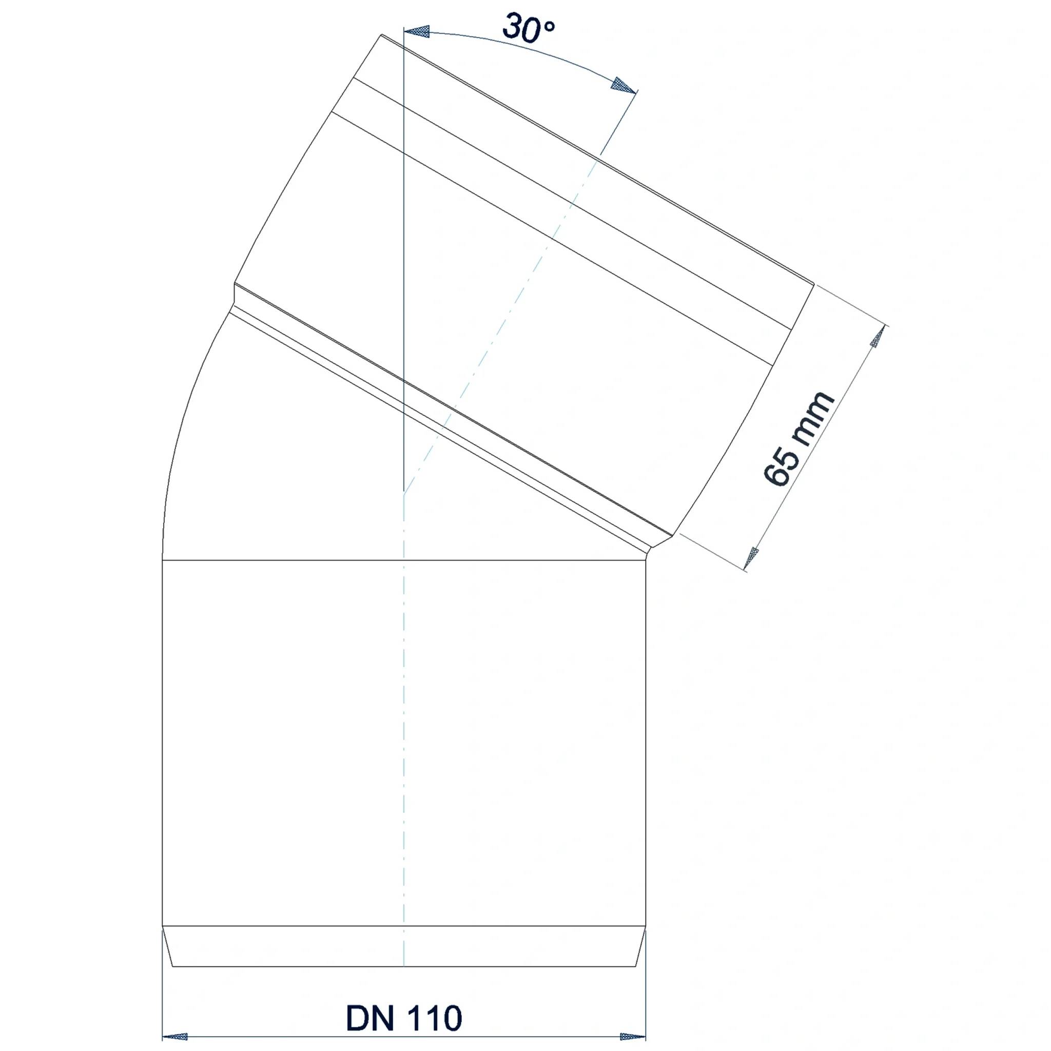 Technische Zeichnung einer Rohrbogenkrümmung, die einen Winkel von 30°, eine Länge von 65 mm und einen Durchmesser von DN 110 zeigt.